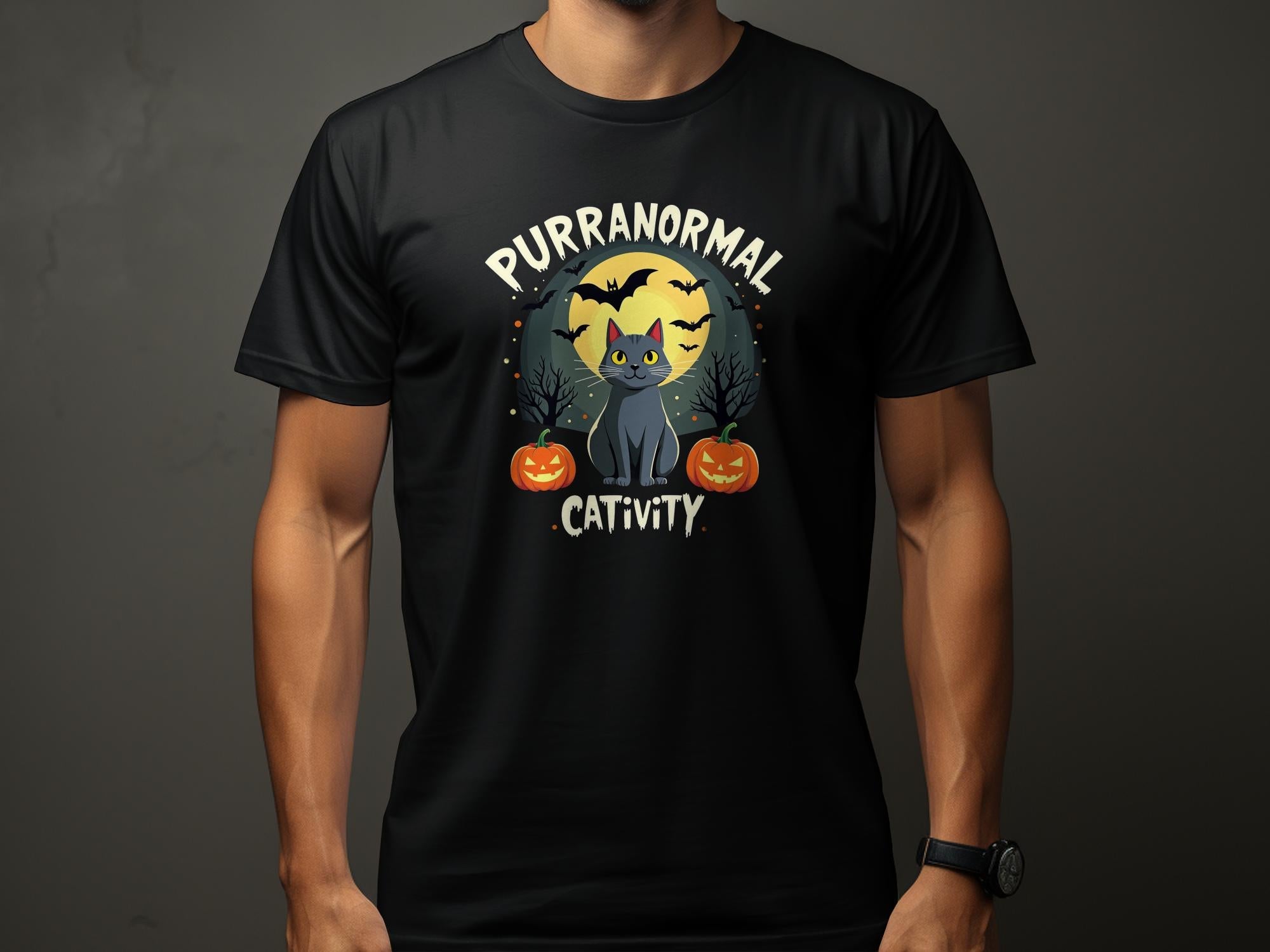 Purranormal Cativity Halloween Cat T-shirt Black Cat with Pumpkins Spooky Bats Halloween Party Tee Funny Cat Lover Gift - Craig Michael Design