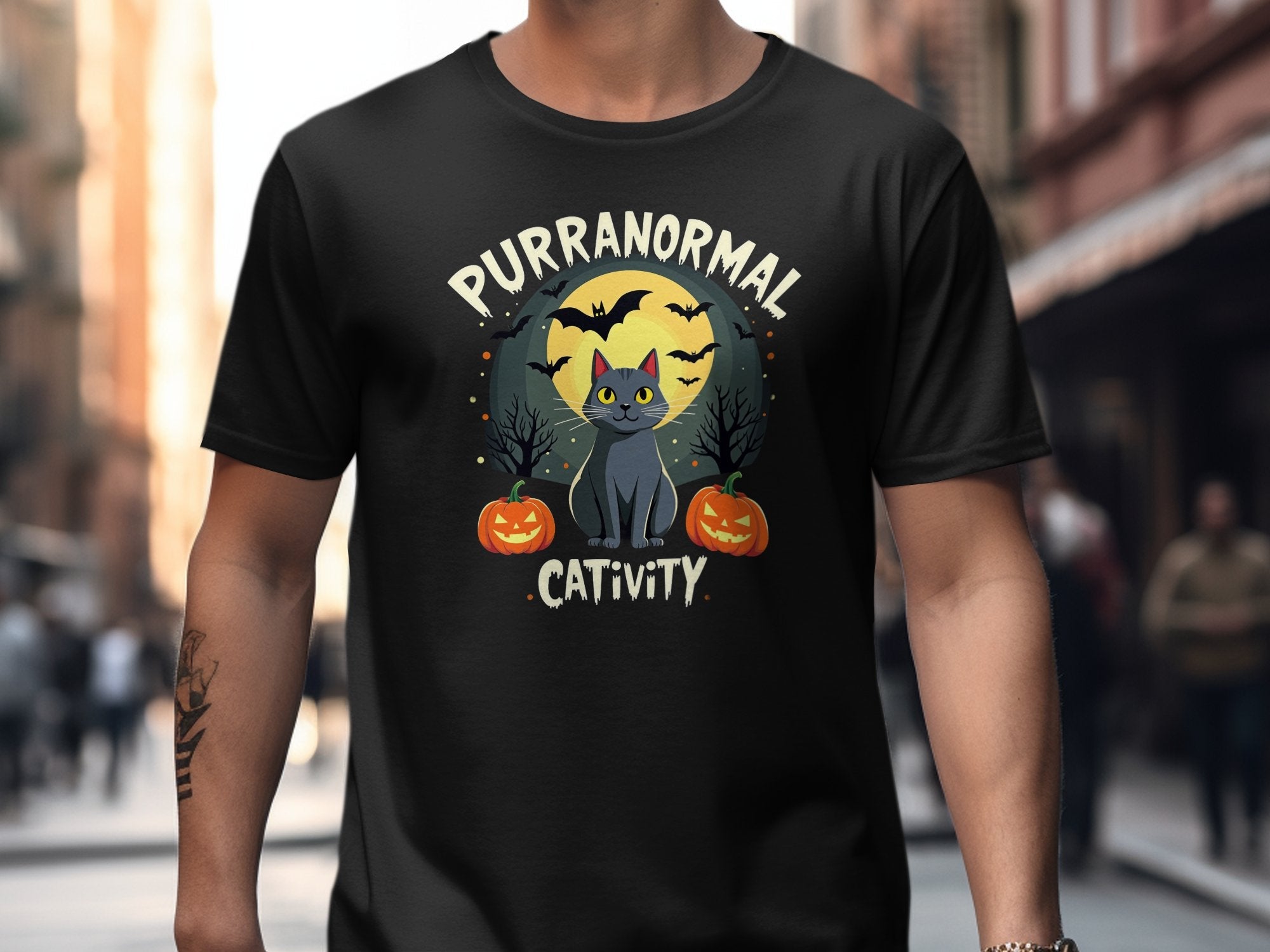 Purranormal Cativity Halloween Cat T-shirt Black Cat with Pumpkins Spooky Bats Halloween Party Tee Funny Cat Lover Gift - Craig Michael Design