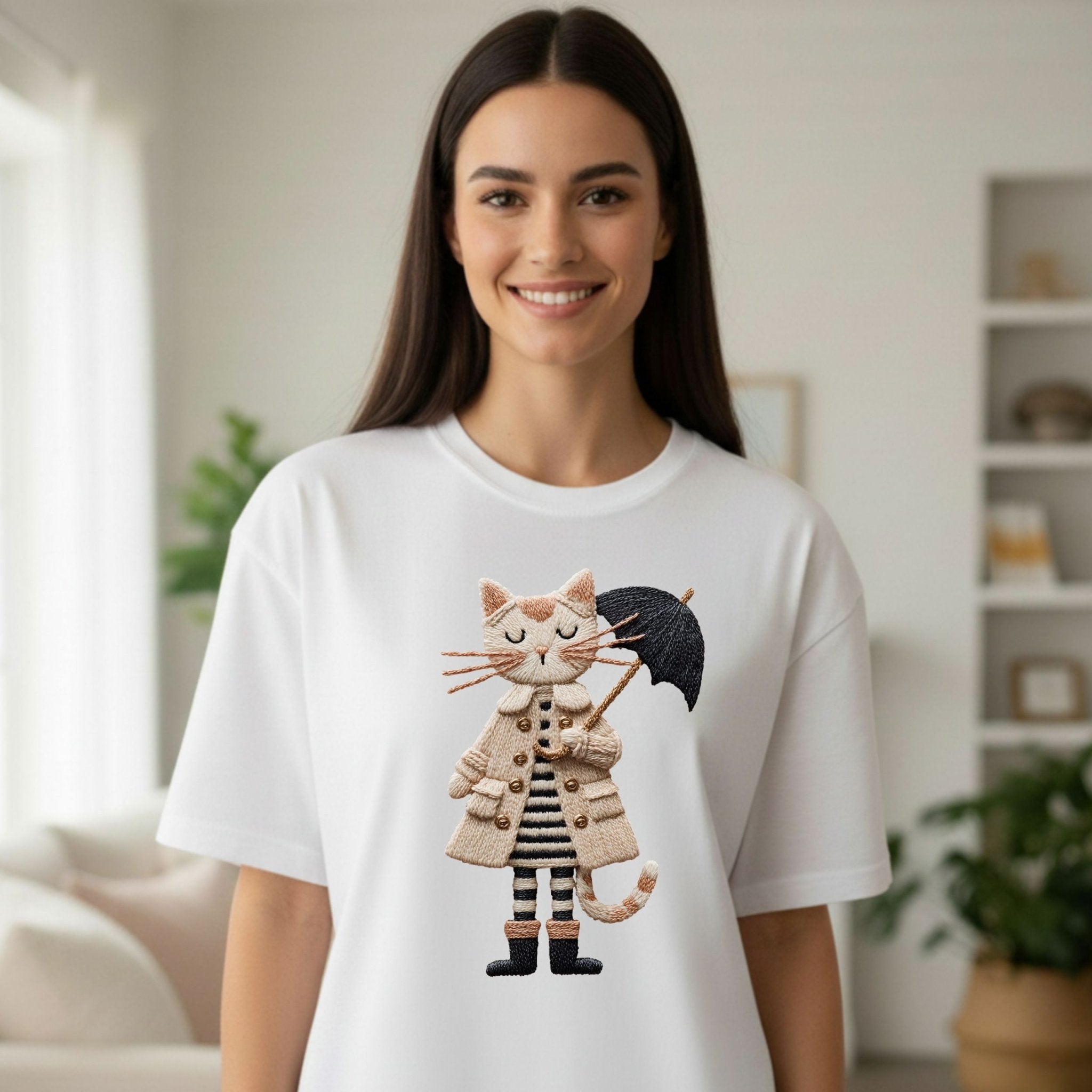 Rainy Day Cat Shirt, Cute Umbrella Kitty T-Shirt, Cozy Fall Cat Lover Tee for Women, Embroidered Style Cat Top, Gift for Cat Moms - Craig Michael Design