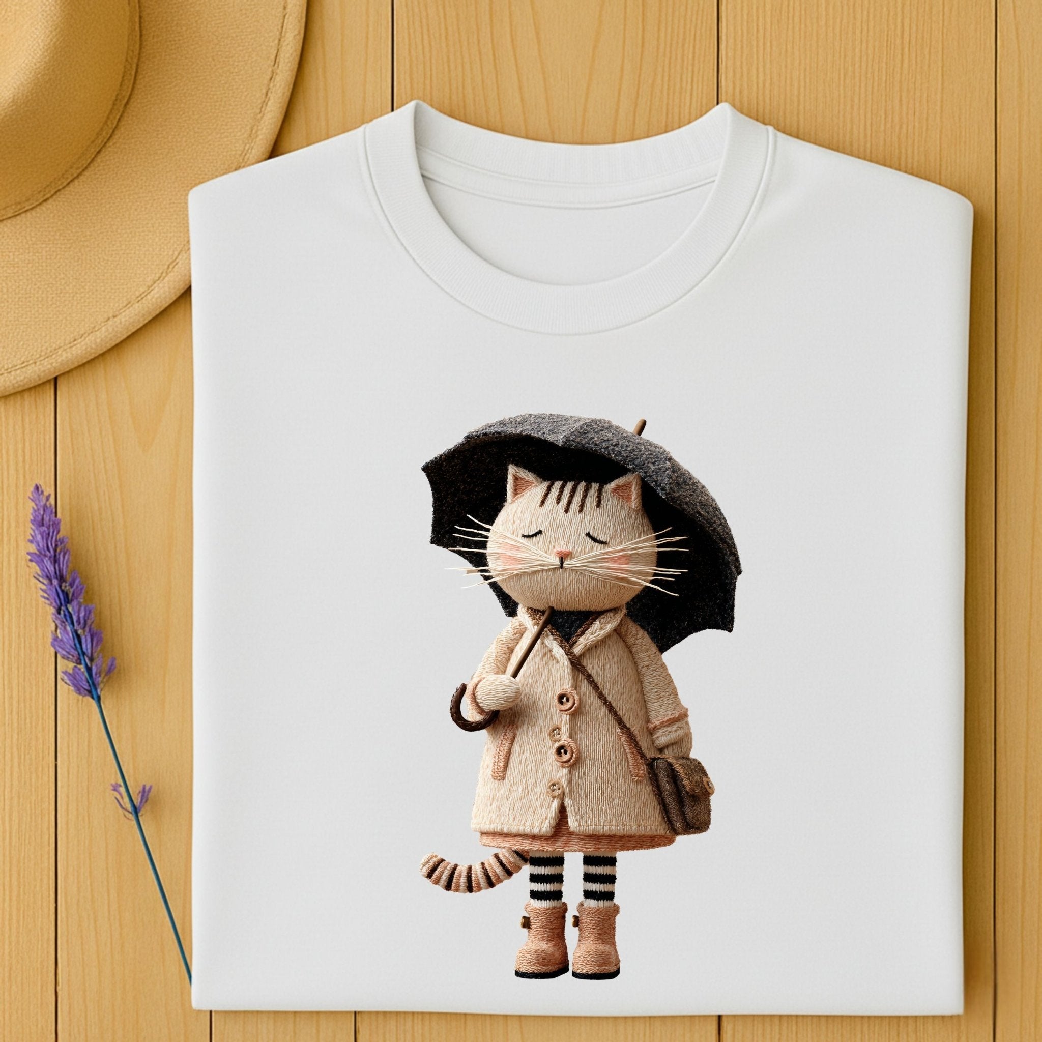Rainy Day Cat Shirt, Cute Umbrella Kitty T-Shirt, Cozy Fall Cat Lover Tee for Women, Embroidered Style Cat Top, Gift for Cat Moms - Craig Michael Design