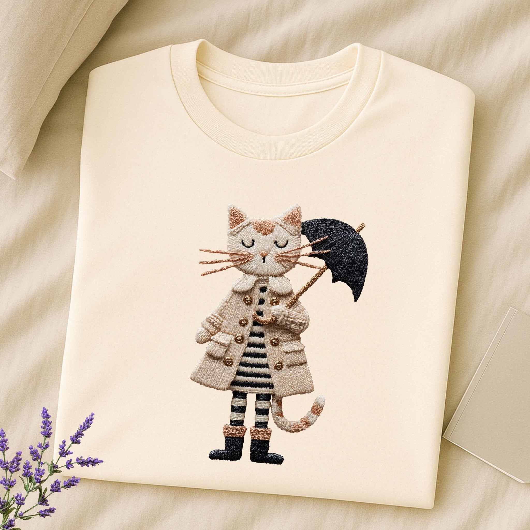 Rainy Day Cat Shirt, Cute Umbrella Kitty T-Shirt, Cozy Fall Cat Lover Tee for Women, Embroidered Style Cat Top, Gift for Cat Moms - Craig Michael Design
