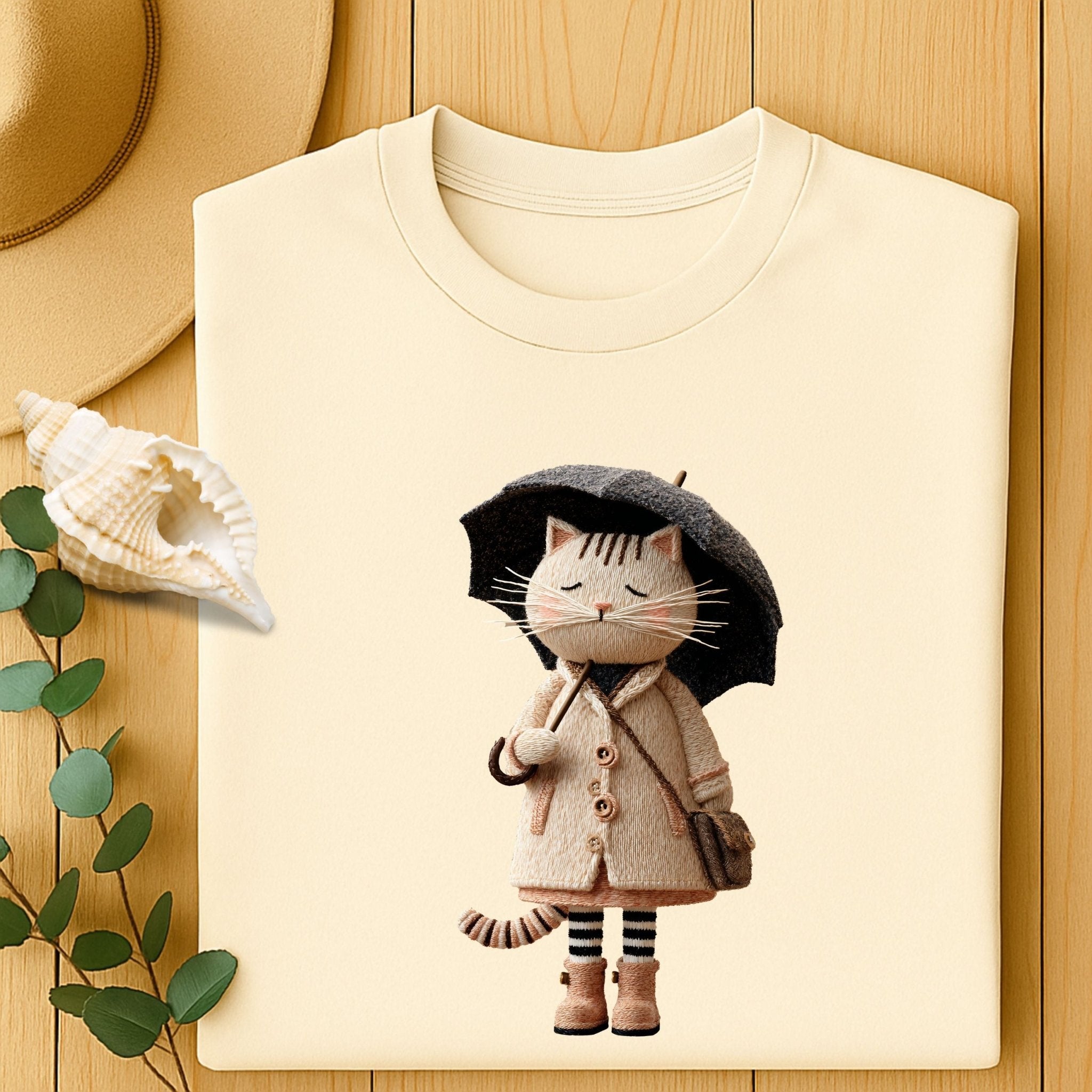 Rainy Day Cat Shirt, Cute Umbrella Kitty T-Shirt, Cozy Fall Cat Lover Tee for Women, Embroidered Style Cat Top, Gift for Cat Moms - Craig Michael Design