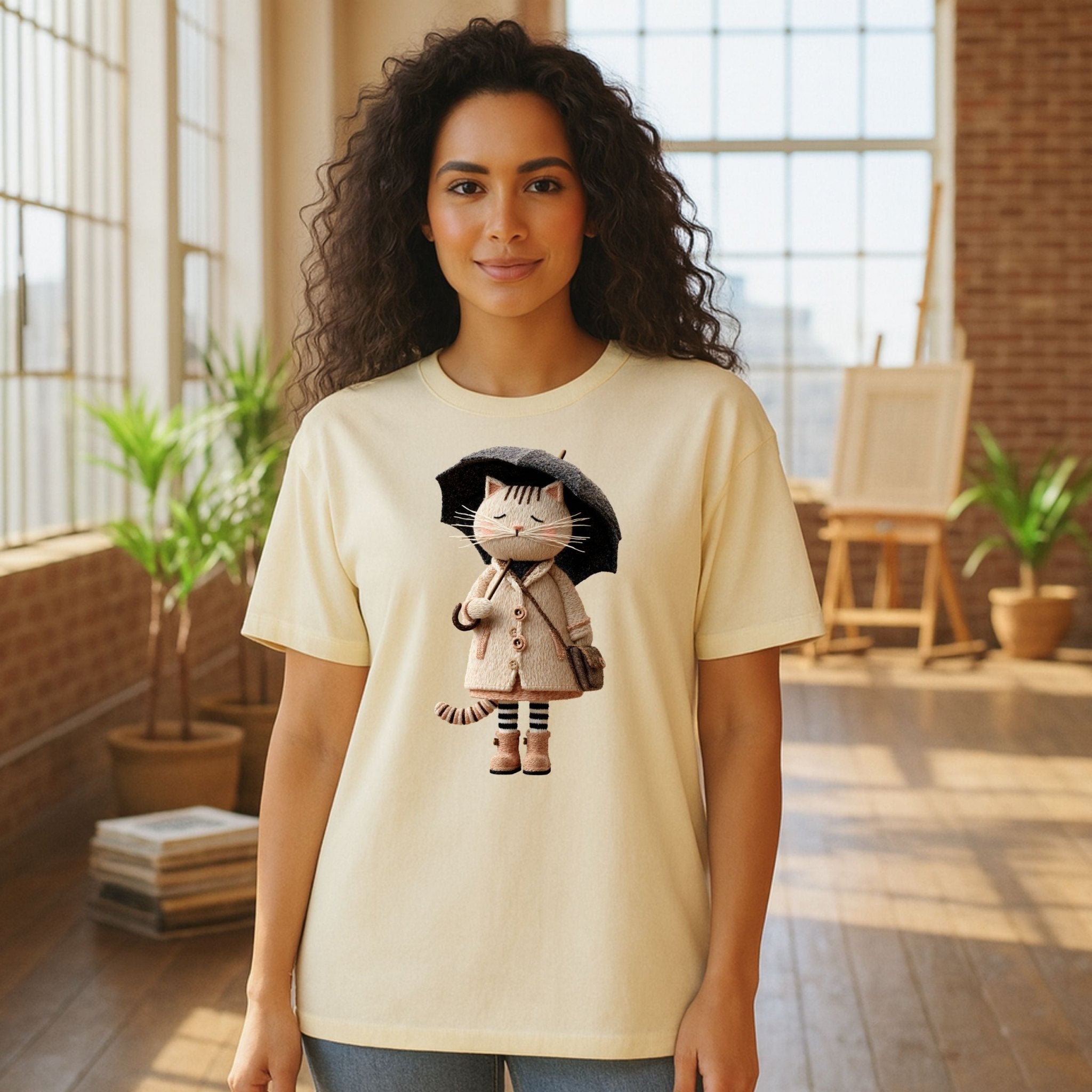 Rainy Day Cat Shirt, Cute Umbrella Kitty T-Shirt, Cozy Fall Cat Lover Tee for Women, Embroidered Style Cat Top, Gift for Cat Moms - Craig Michael Design