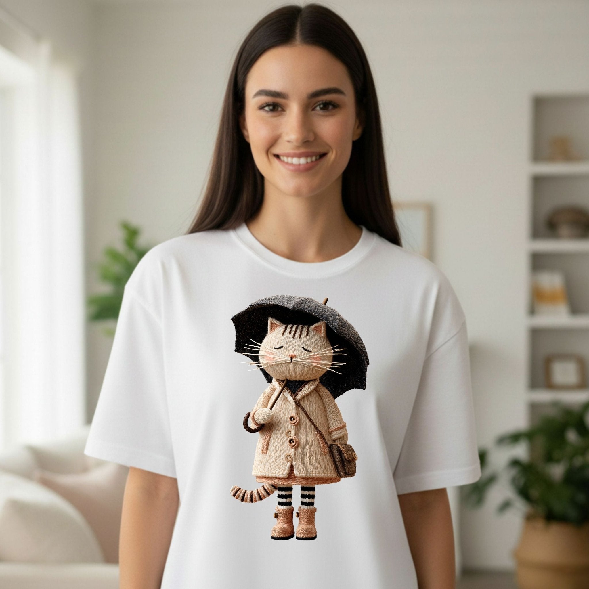 Rainy Day Cat Shirt, Cute Umbrella Kitty T-Shirt, Cozy Fall Cat Lover Tee for Women, Embroidered Style Cat Top, Gift for Cat Moms - Craig Michael Design