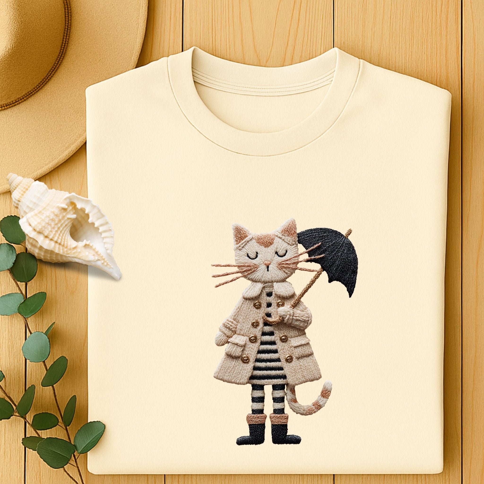 Rainy Day Cat Shirt, Cute Umbrella Kitty T-Shirt, Cozy Fall Cat Lover Tee for Women, Embroidered Style Cat Top, Gift for Cat Moms - Craig Michael Design