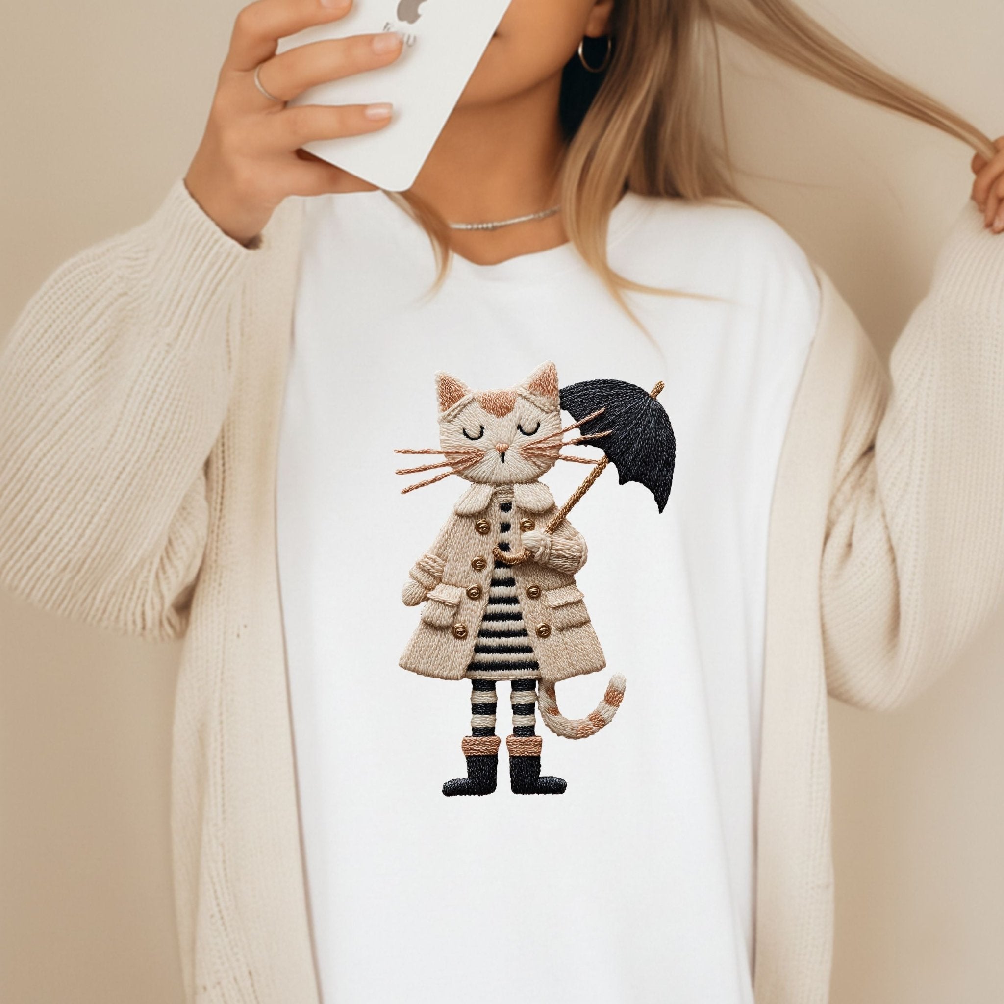 Rainy Day Cat Shirt, Cute Umbrella Kitty T-Shirt, Cozy Fall Cat Lover Tee for Women, Embroidered Style Cat Top, Gift for Cat Moms - Craig Michael Design