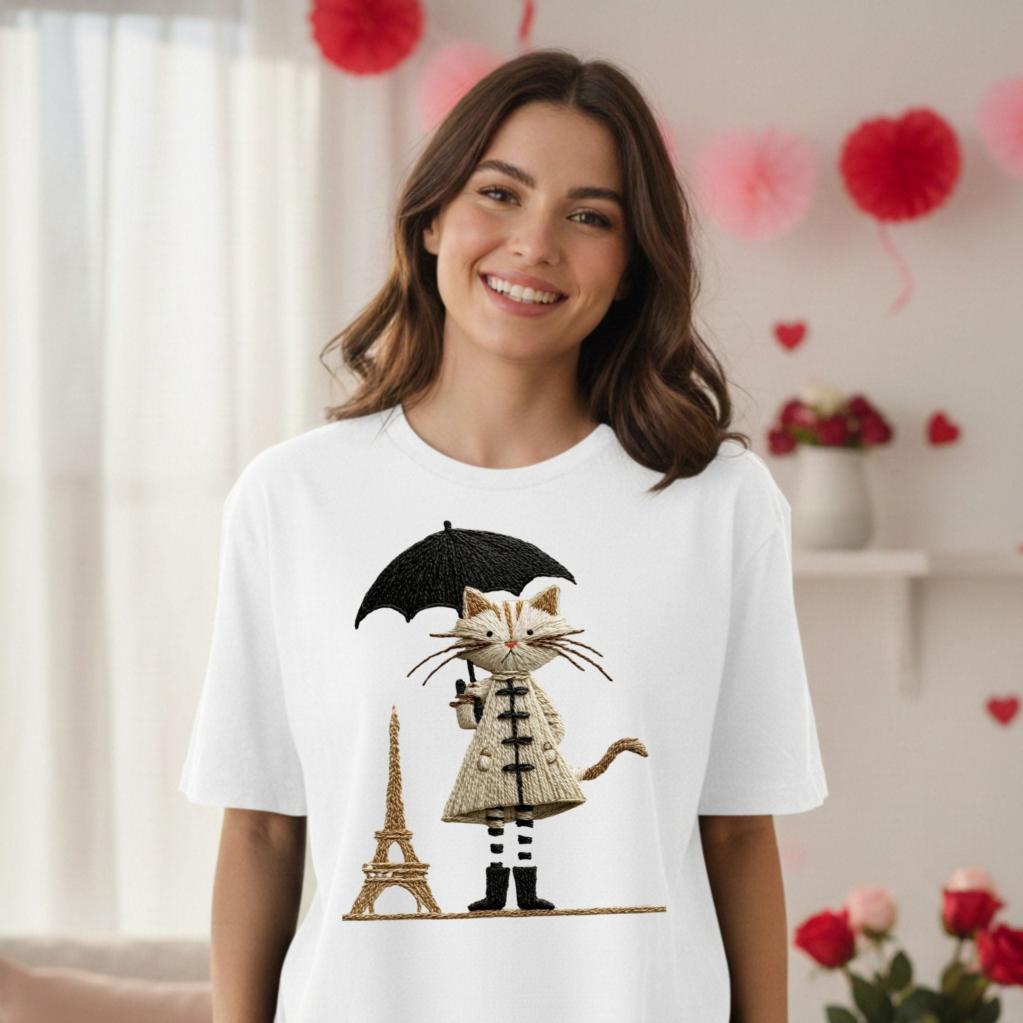Rainy Day Cat Shirt, Cute Umbrella Kitty T-Shirt, Cozy Fall Cat Lover Tee for Women, Embroidered Style Cat Top, Gift for Cat Moms, T-Shirt - Craig Michael Design