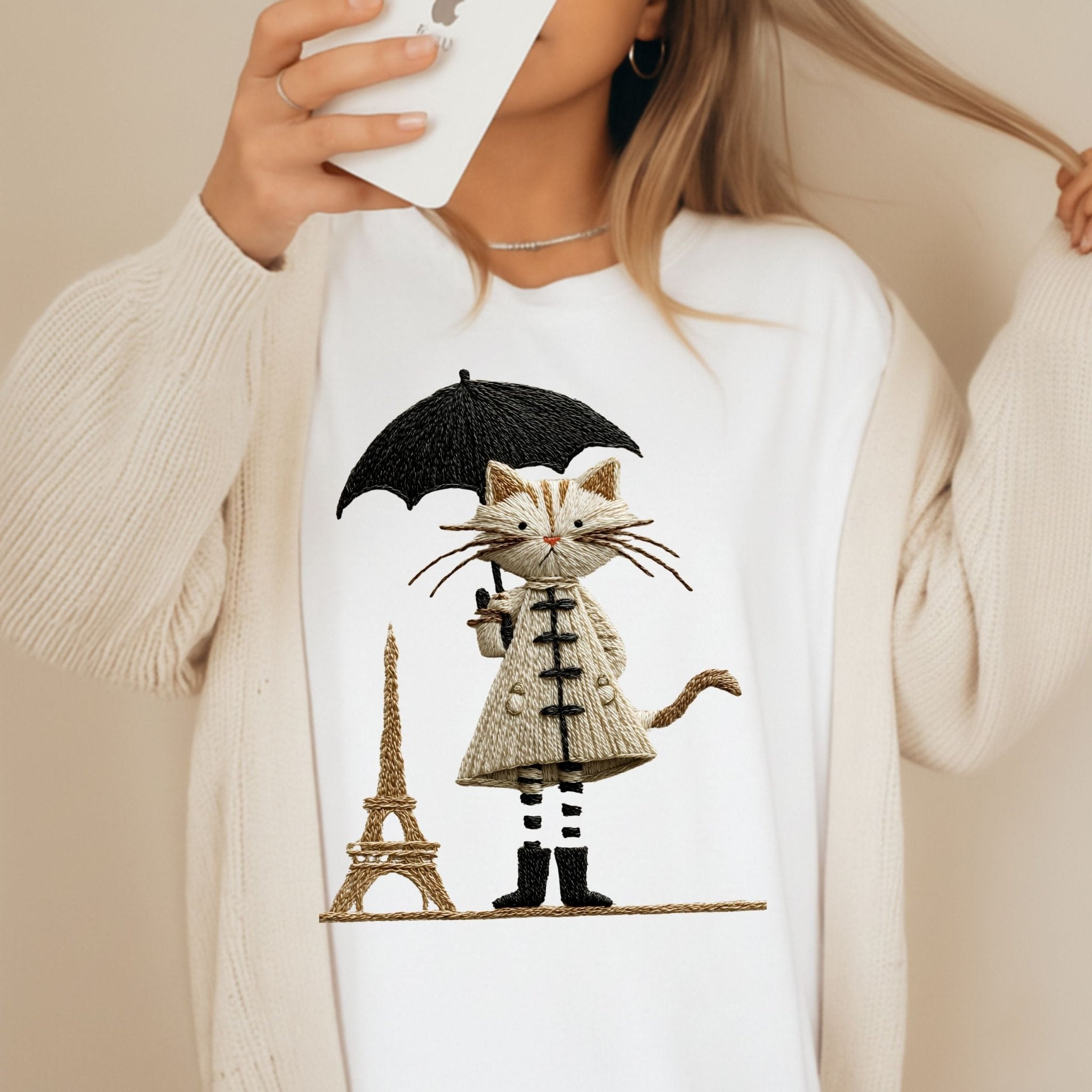 Rainy Day Cat Shirt, Cute Umbrella Kitty T-Shirt, Cozy Fall Cat Lover Tee for Women, Embroidered Style Cat Top, Gift for Cat Moms, T-Shirt - Craig Michael Design