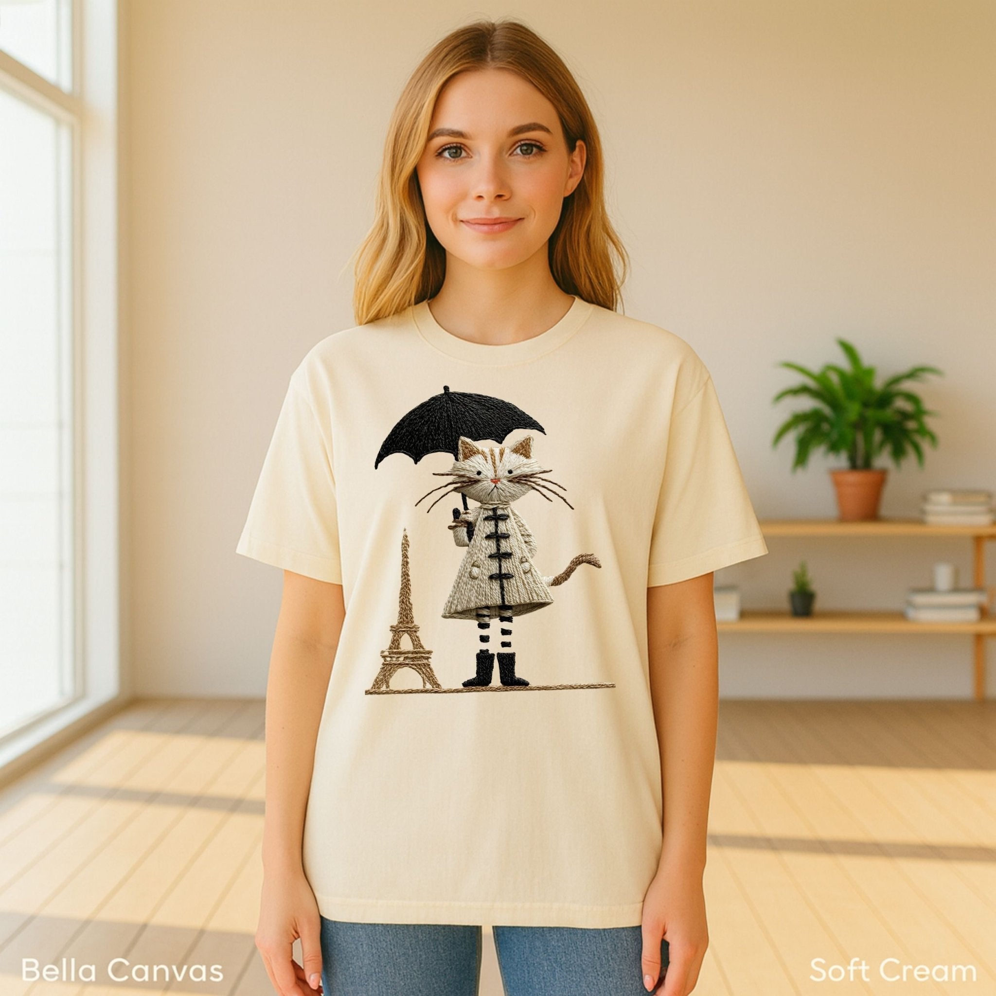Rainy Day Cat Shirt, Cute Umbrella Kitty T-Shirt, Cozy Fall Cat Lover Tee for Women, Embroidered Style Cat Top, Gift for Cat Moms, T-Shirt - Craig Michael Design