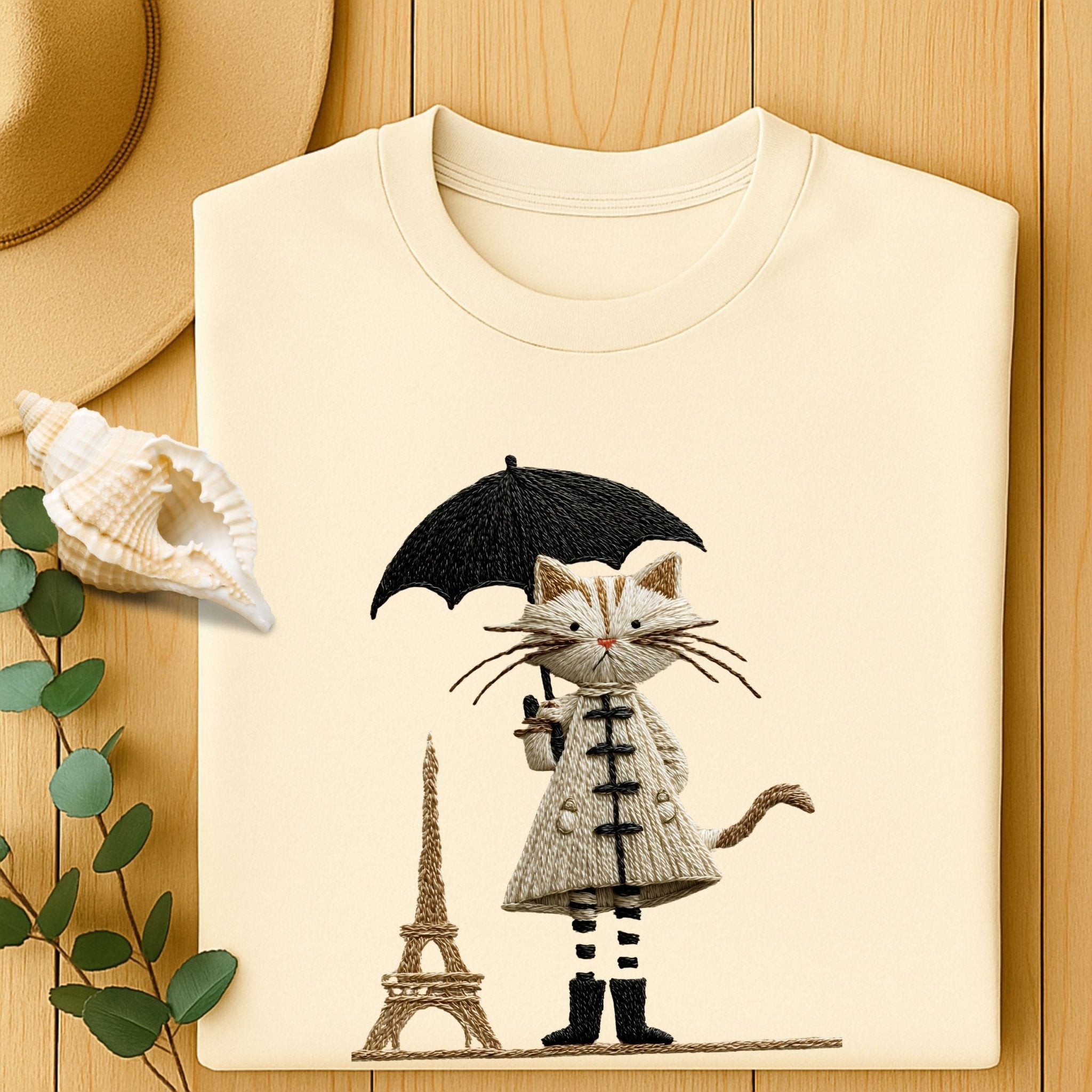 Rainy Day Cat Shirt, Cute Umbrella Kitty T-Shirt, Cozy Fall Cat Lover Tee for Women, Embroidered Style Cat Top, Gift for Cat Moms, T-Shirt - Craig Michael Design