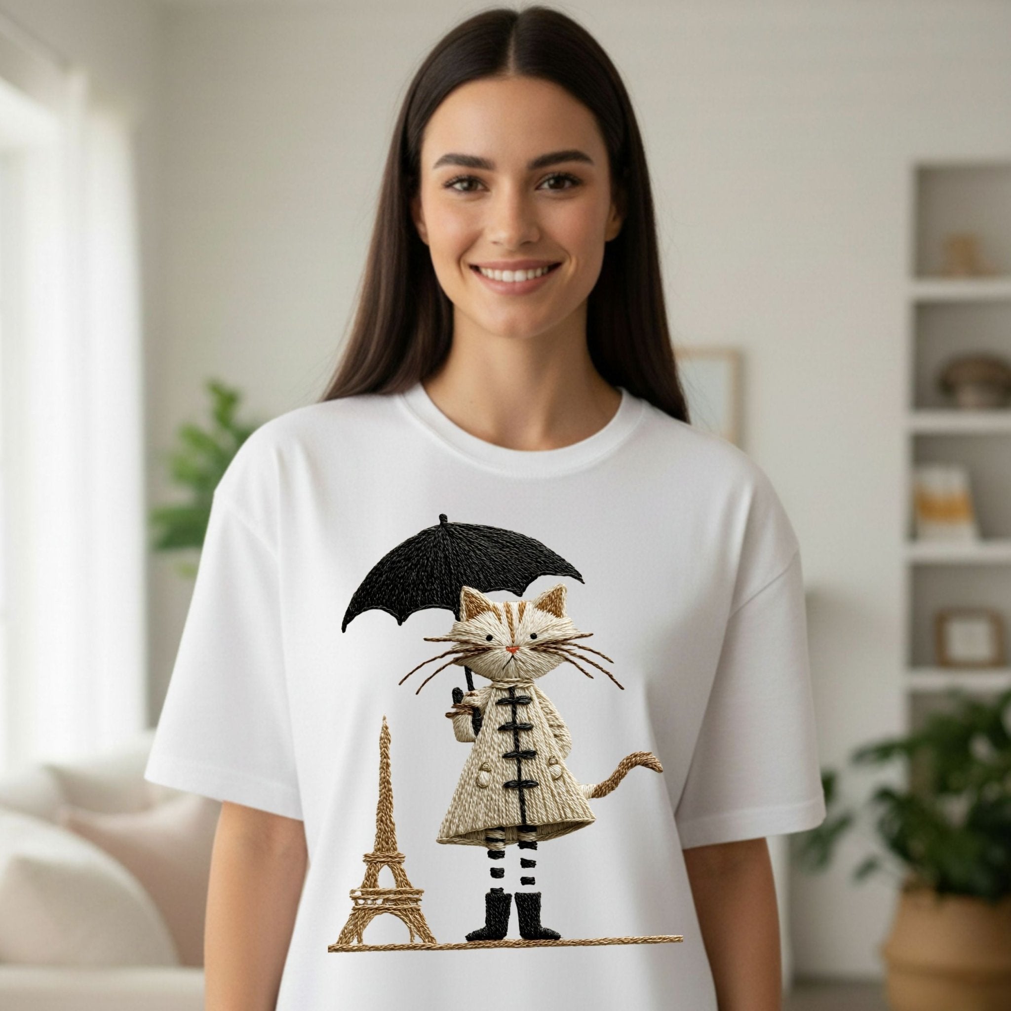 Rainy Day Cat Shirt, Cute Umbrella Kitty T-Shirt, Cozy Fall Cat Lover Tee for Women, Embroidered Style Cat Top, Gift for Cat Moms, T-Shirt - Craig Michael Design