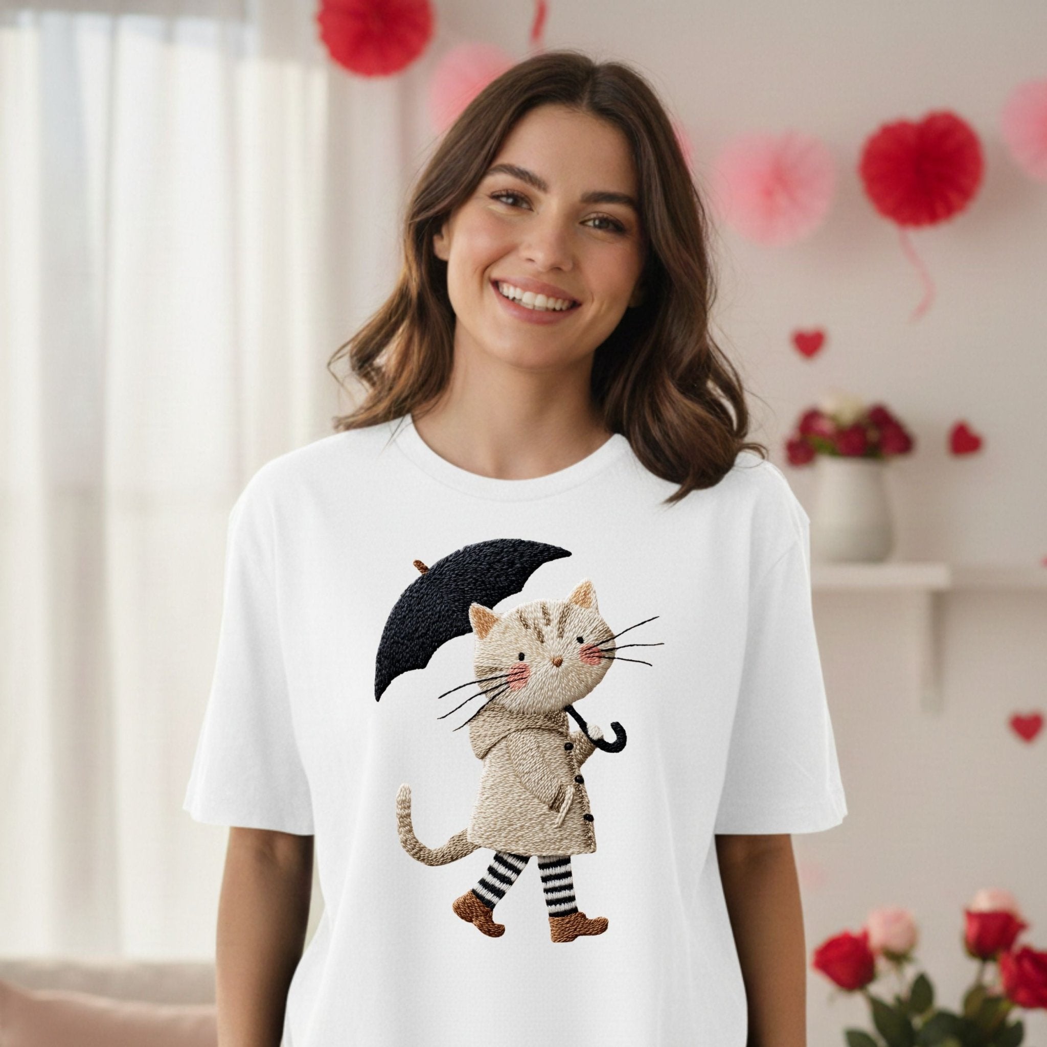 Rainy Day Cat T-Shirt, Cute Umbrella Kitty Tee, Cozy Fall Cat Lover T Shirt for Women, Embroidered Style Cat Top, Gift for Cat Moms - Craig Michael Design