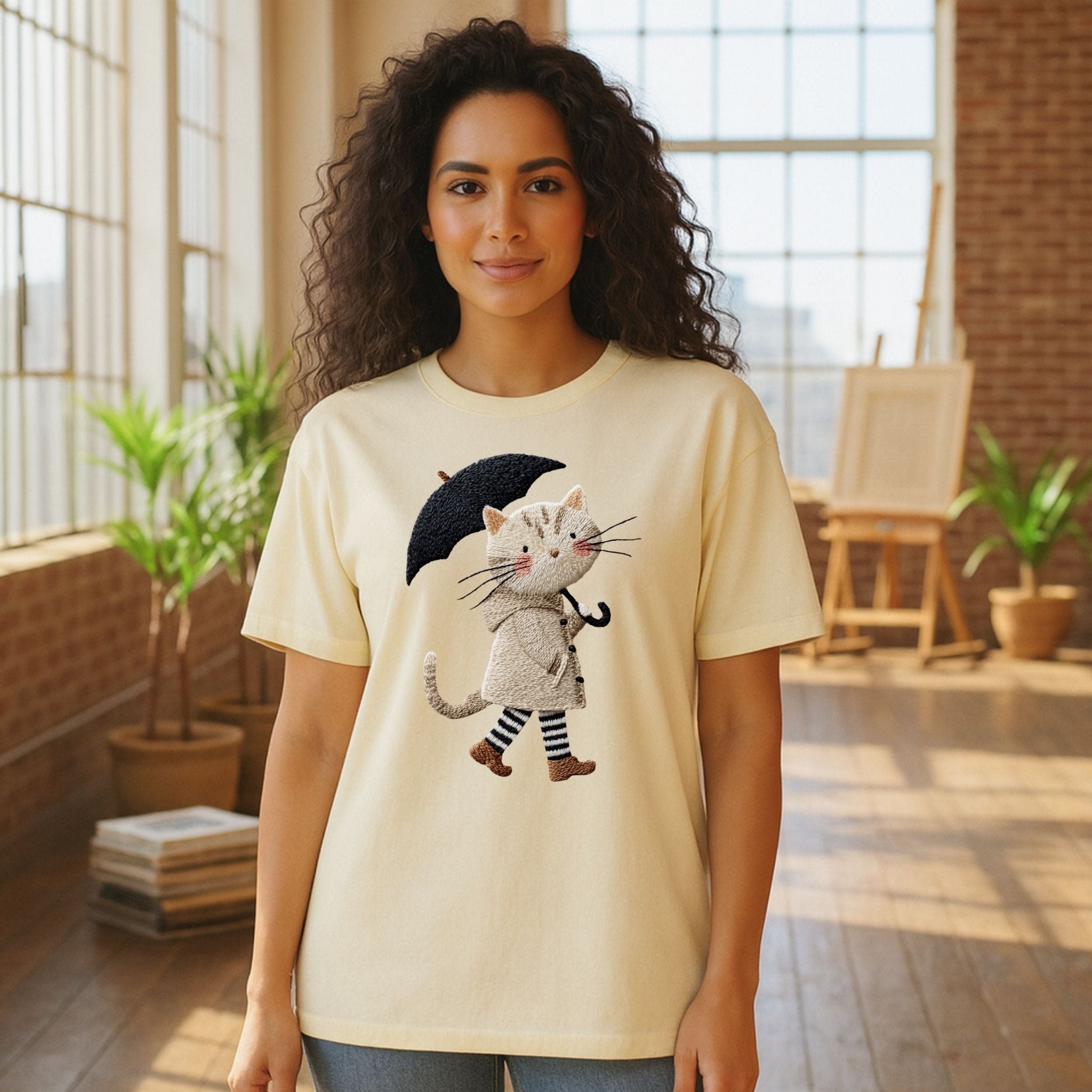 Rainy Day Cat T-Shirt, Cute Umbrella Kitty Tee, Cozy Fall Cat Lover T Shirt for Women, Embroidered Style Cat Top, Gift for Cat Moms - Craig Michael Design