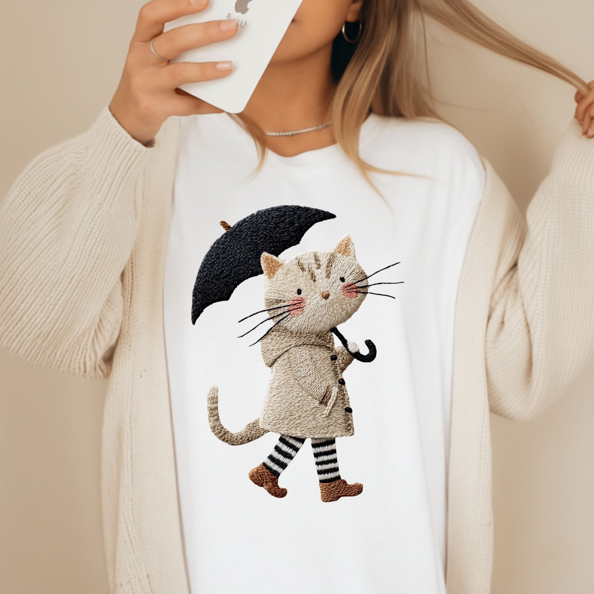 Rainy Day Cat T-Shirt, Cute Umbrella Kitty Tee, Cozy Fall Cat Lover T Shirt for Women, Embroidered Style Cat Top, Gift for Cat Moms - Craig Michael Design