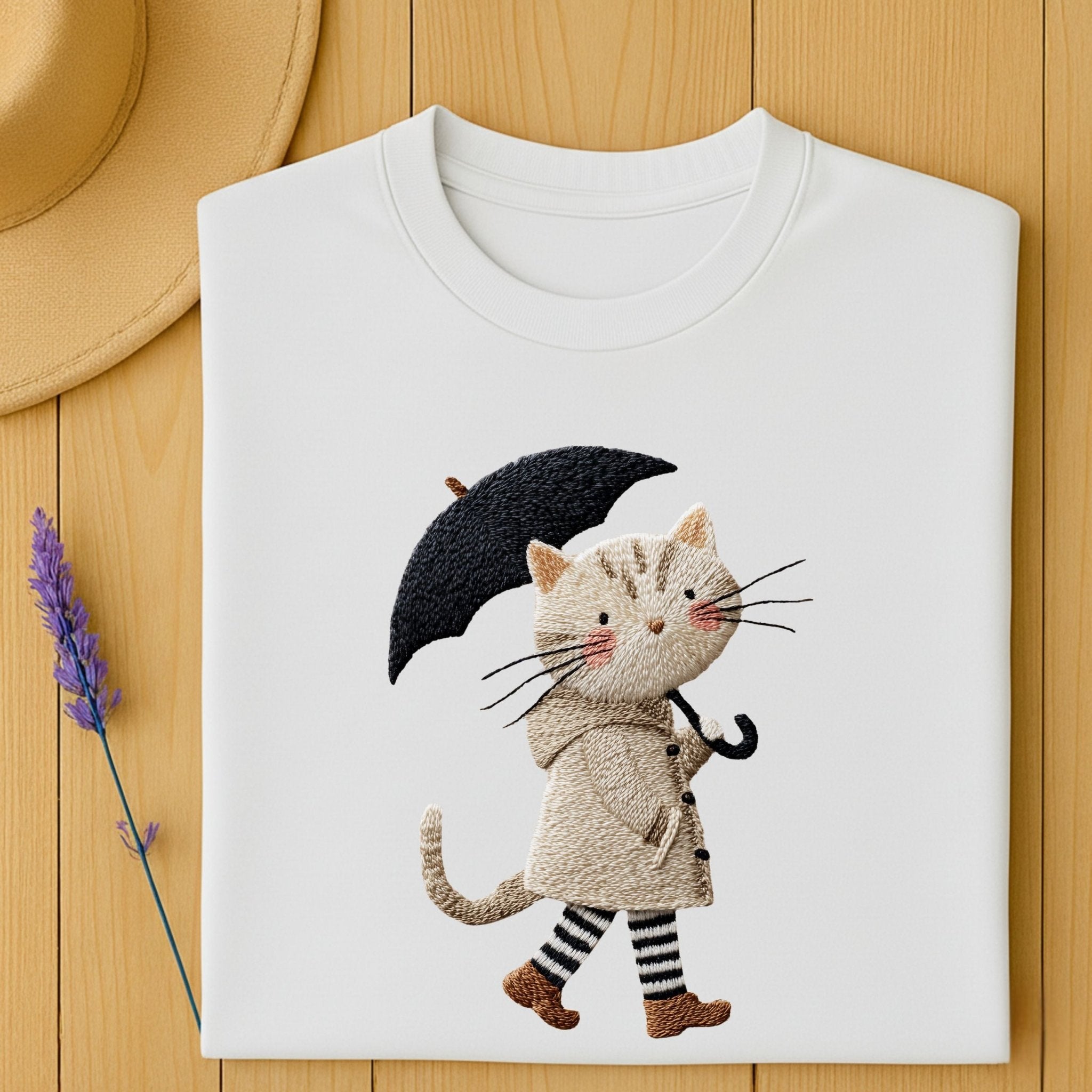 Rainy Day Cat T-Shirt, Cute Umbrella Kitty Tee, Cozy Fall Cat Lover T Shirt for Women, Embroidered Style Cat Top, Gift for Cat Moms - Craig Michael Design