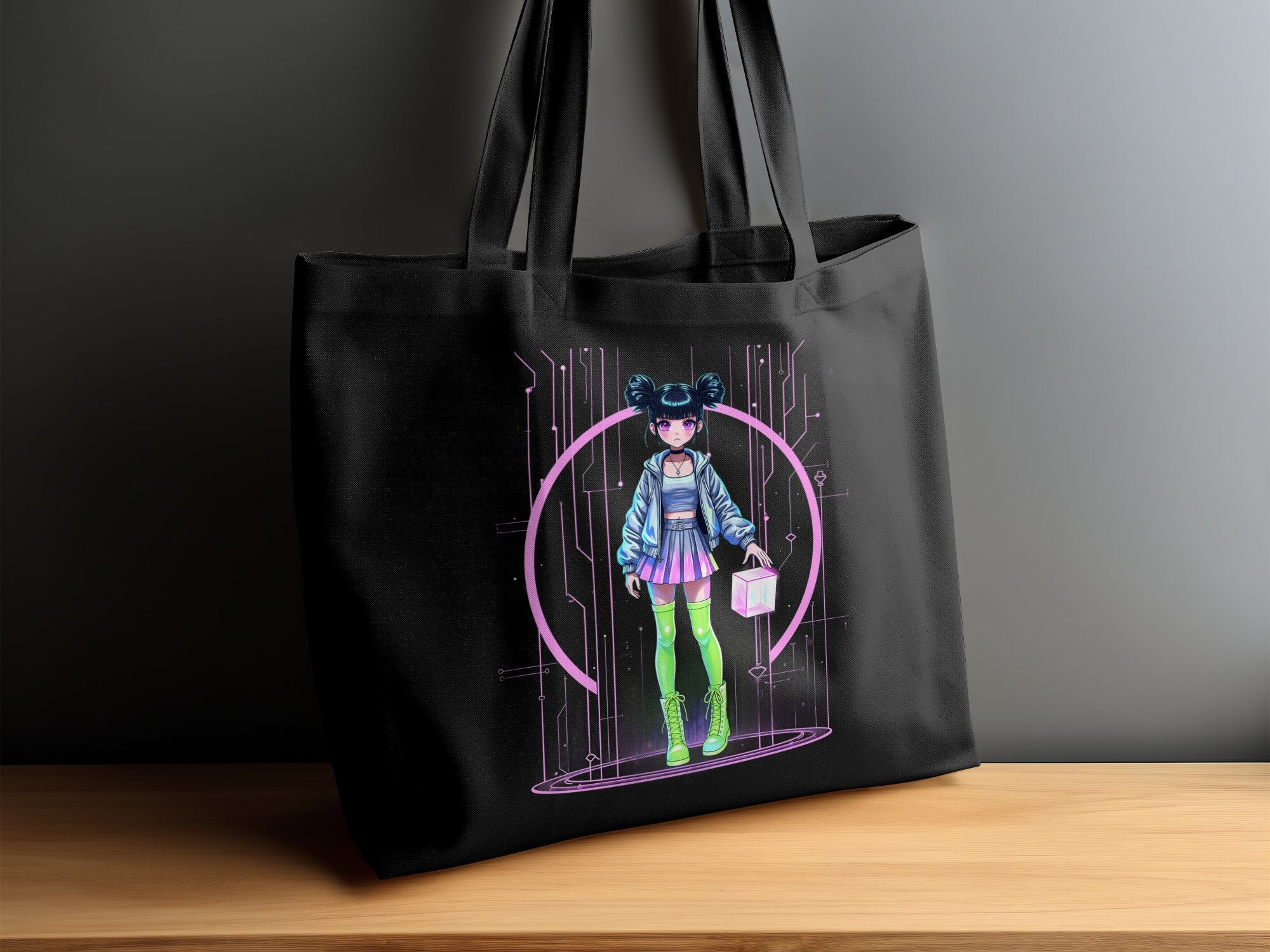 Retro Anime Girl Tote Bag, Neon Sci - Fi Design, Pastel Cyberpunk Art, Cute and Edgy Print, Unique Fashion Accessory, Graphic Tote - Craig Michael Design