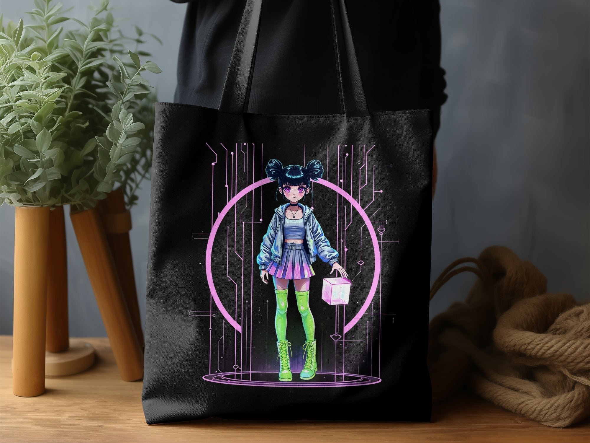 Retro Anime Girl Tote Bag, Neon Sci - Fi Design, Pastel Cyberpunk Art, Cute and Edgy Print, Unique Fashion Accessory, Graphic Tote - Craig Michael Design