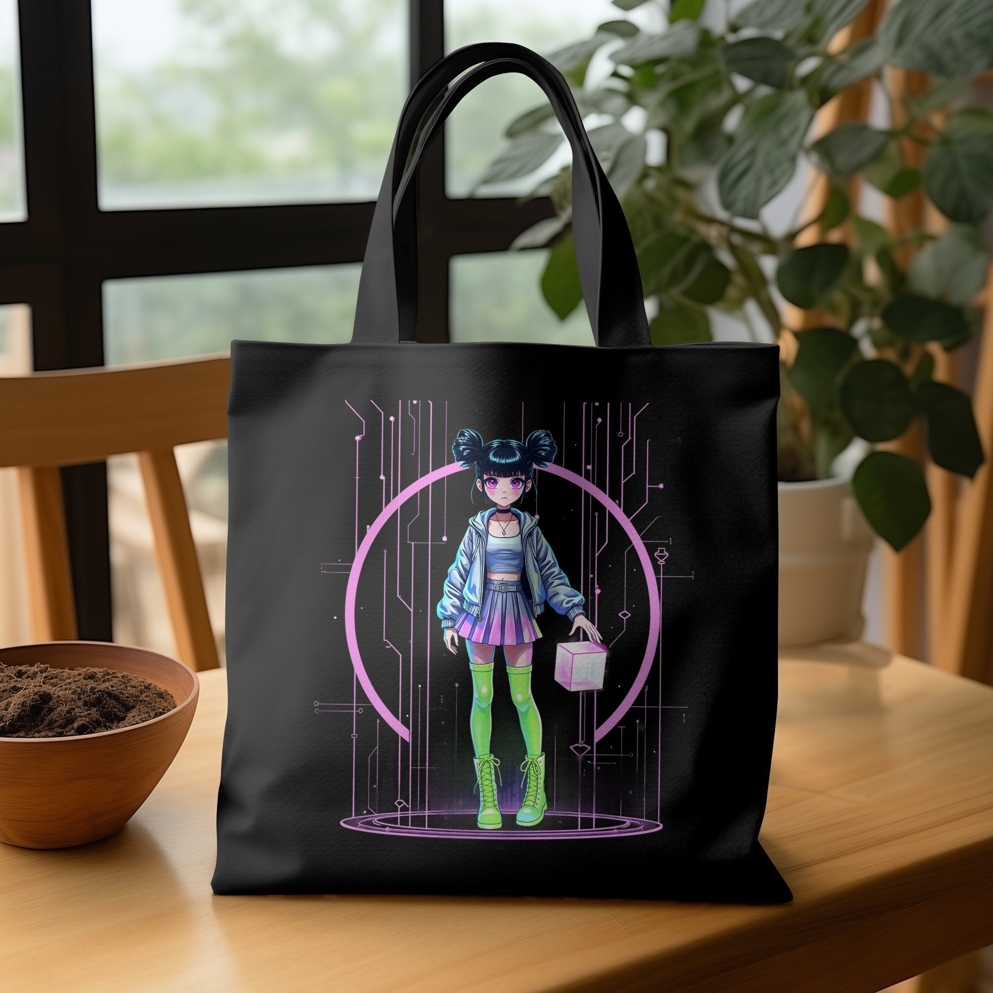 Retro Anime Girl Tote Bag, Neon Sci - Fi Design, Pastel Cyberpunk Art, Cute and Edgy Print, Unique Fashion Accessory, Graphic Tote - Craig Michael Design