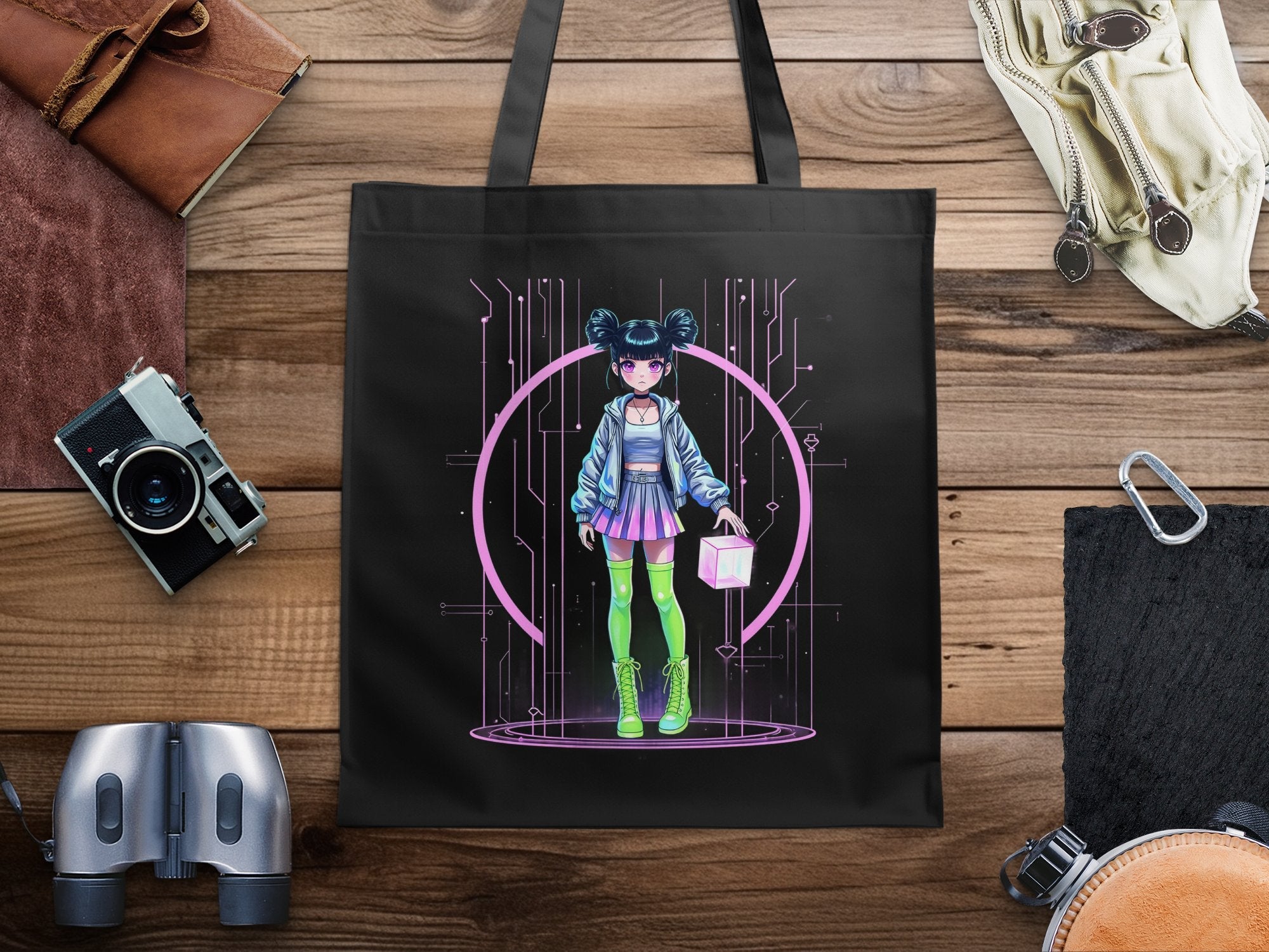 Retro Anime Girl Tote Bag, Neon Sci - Fi Design, Pastel Cyberpunk Art, Cute and Edgy Print, Unique Fashion Accessory, Graphic Tote - Craig Michael Design