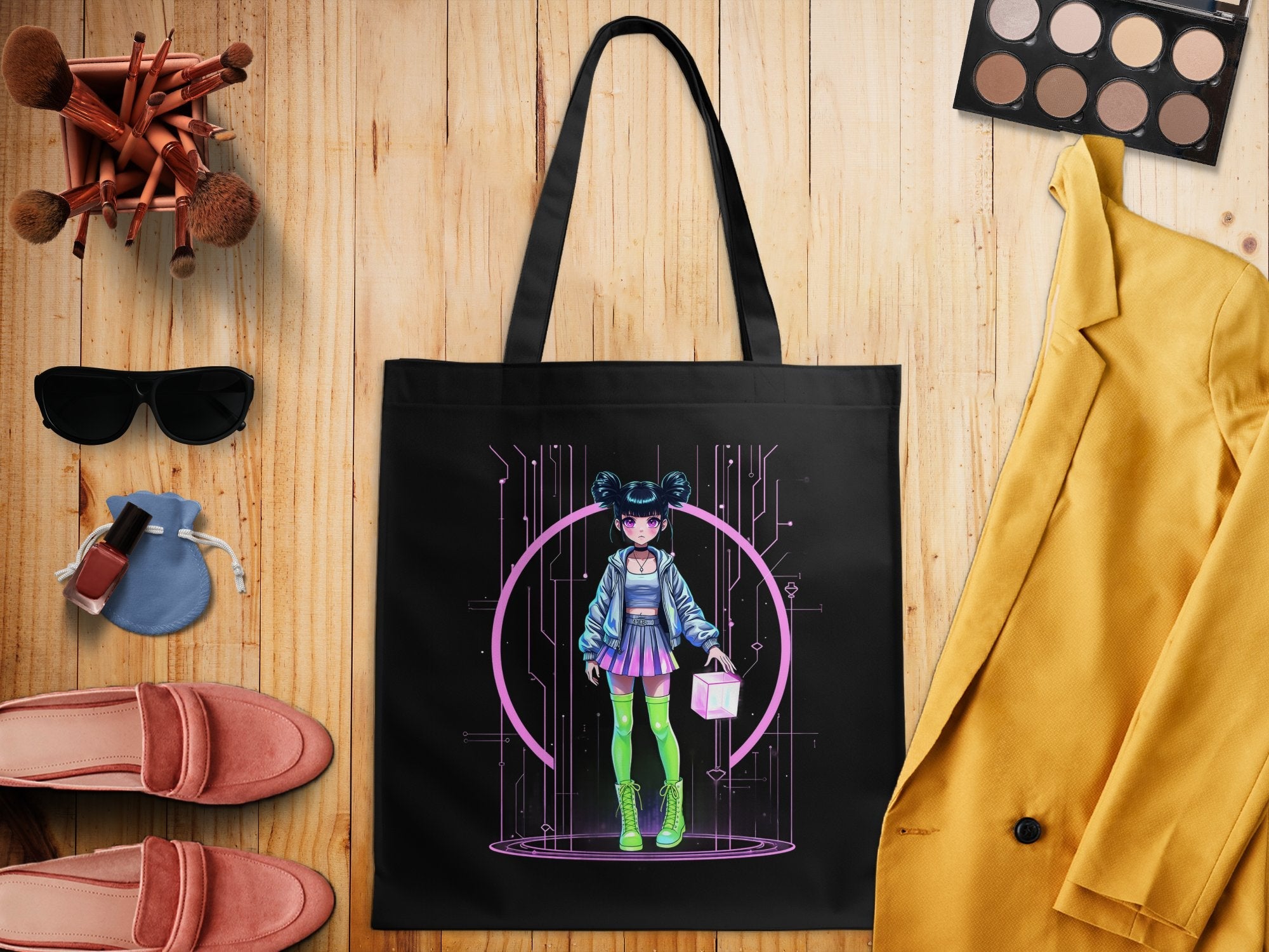 Retro Anime Girl Tote Bag, Neon Sci - Fi Design, Pastel Cyberpunk Art, Cute and Edgy Print, Unique Fashion Accessory, Graphic Tote - Craig Michael Design