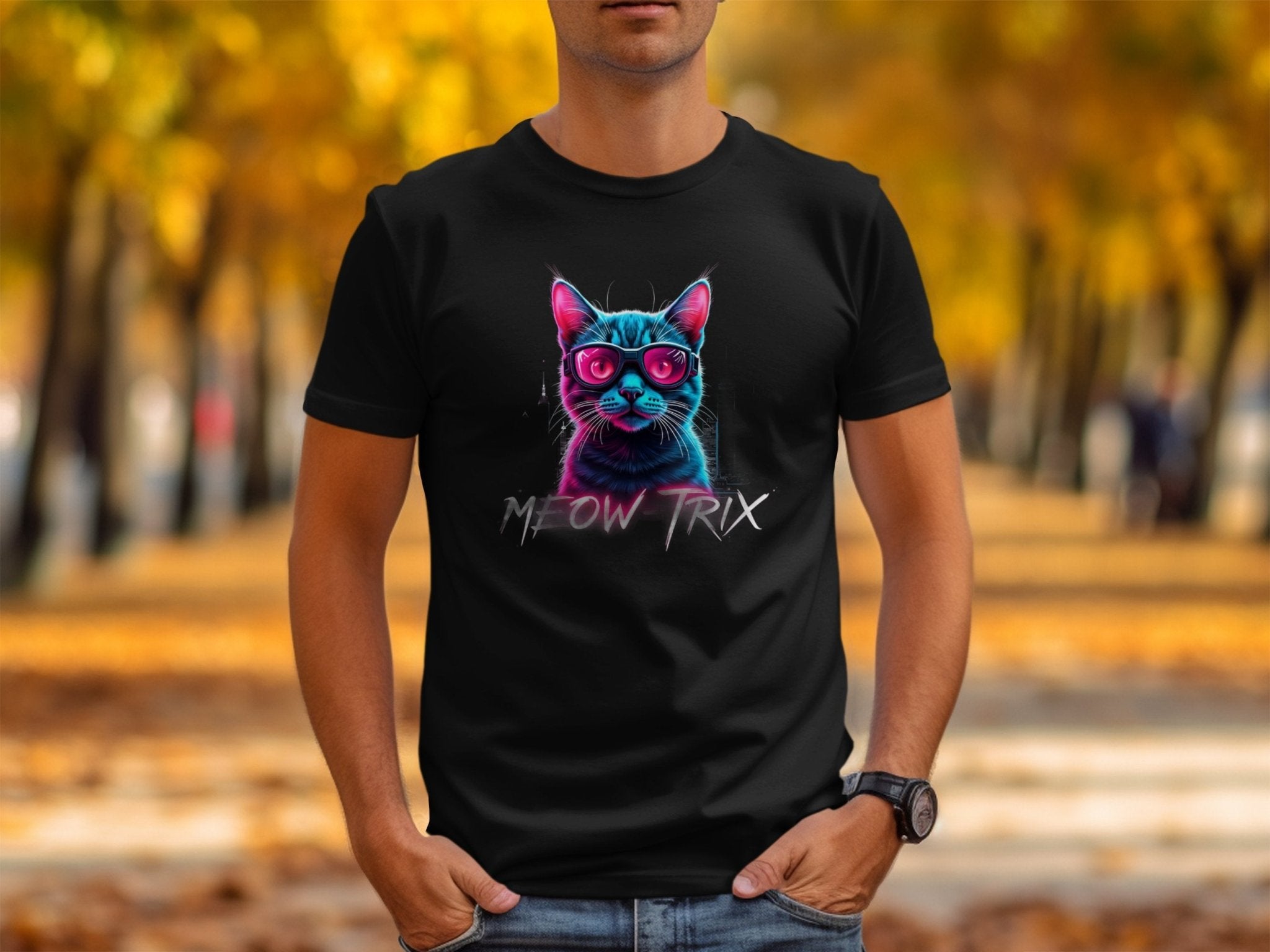 Retro Cat Wearing Sunglasses Graphic Tee, Cool Cat Lovers T-Shirt, Vintage Cat Art Shirt, Meow - Trix Cat Print Tee, Neon Cat Shirt - Craig Michael Design