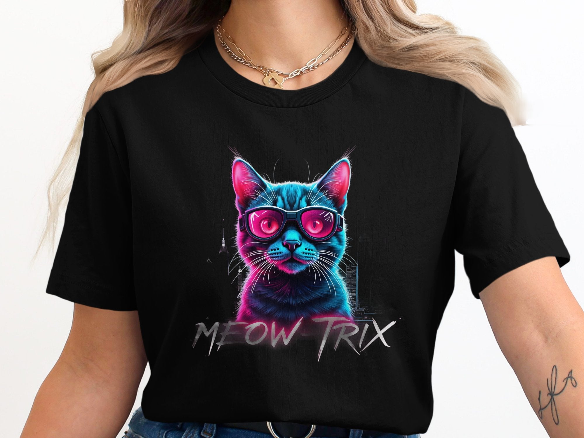 Retro Cat Wearing Sunglasses Graphic Tee, Cool Cat Lovers T-Shirt, Vintage Cat Art Shirt, Meow - Trix Cat Print Tee, Neon Cat Shirt - Craig Michael Design