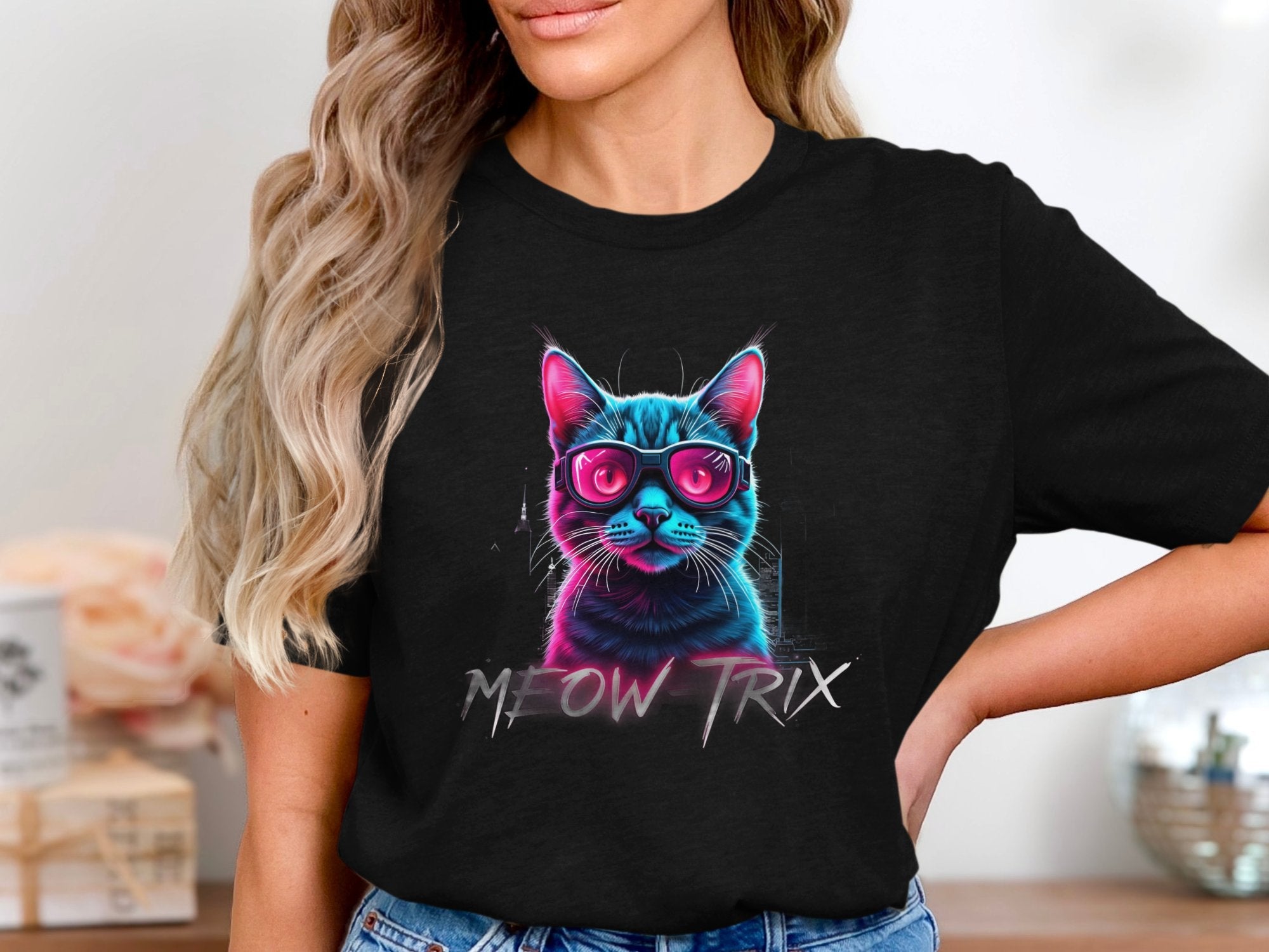 Retro Cat Wearing Sunglasses Graphic Tee, Cool Cat Lovers T-Shirt, Vintage Cat Art Shirt, Meow - Trix Cat Print Tee, Neon Cat Shirt - Craig Michael Design