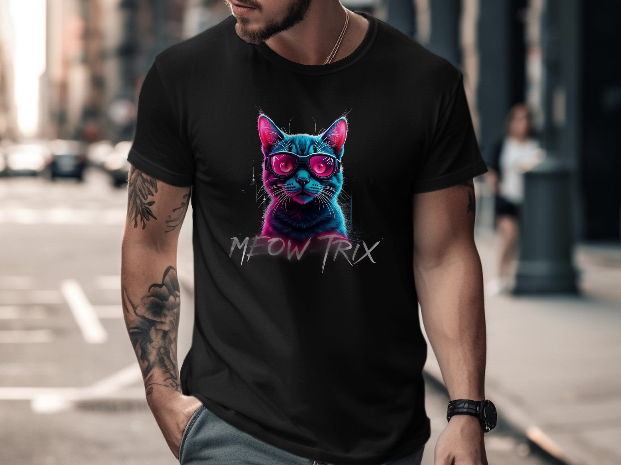 Retro Cat Wearing Sunglasses Graphic Tee, Cool Cat Lovers T-Shirt, Vintage Cat Art Shirt, Meow - Trix Cat Print Tee, Neon Cat Shirt - Craig Michael Design