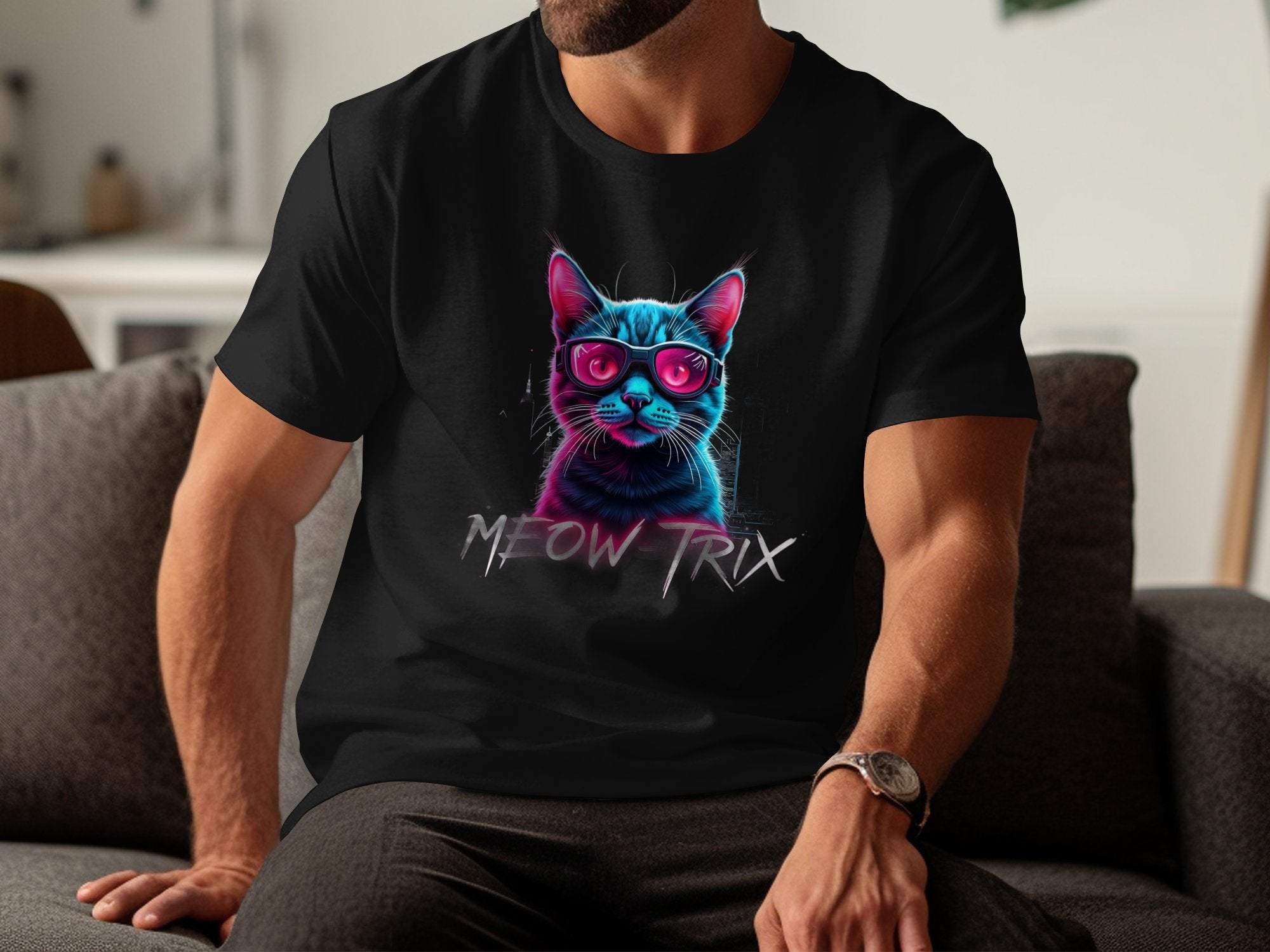 Retro Cat Wearing Sunglasses Graphic Tee, Cool Cat Lovers T-Shirt, Vintage Cat Art Shirt, Meow - Trix Cat Print Tee, Neon Cat Shirt - Craig Michael Design