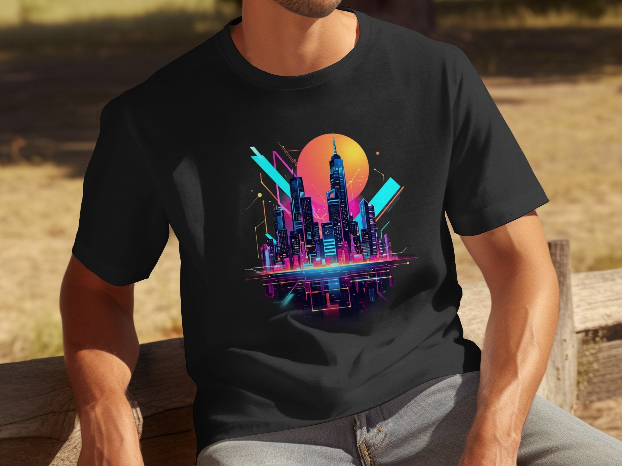 Retro Futuristic Cityscape T-Shirt Vaporwave Cyberpunk Neon Art Graphic Tee Unique Gift Digital Art Cool Design Shirt - Craig Michael Design