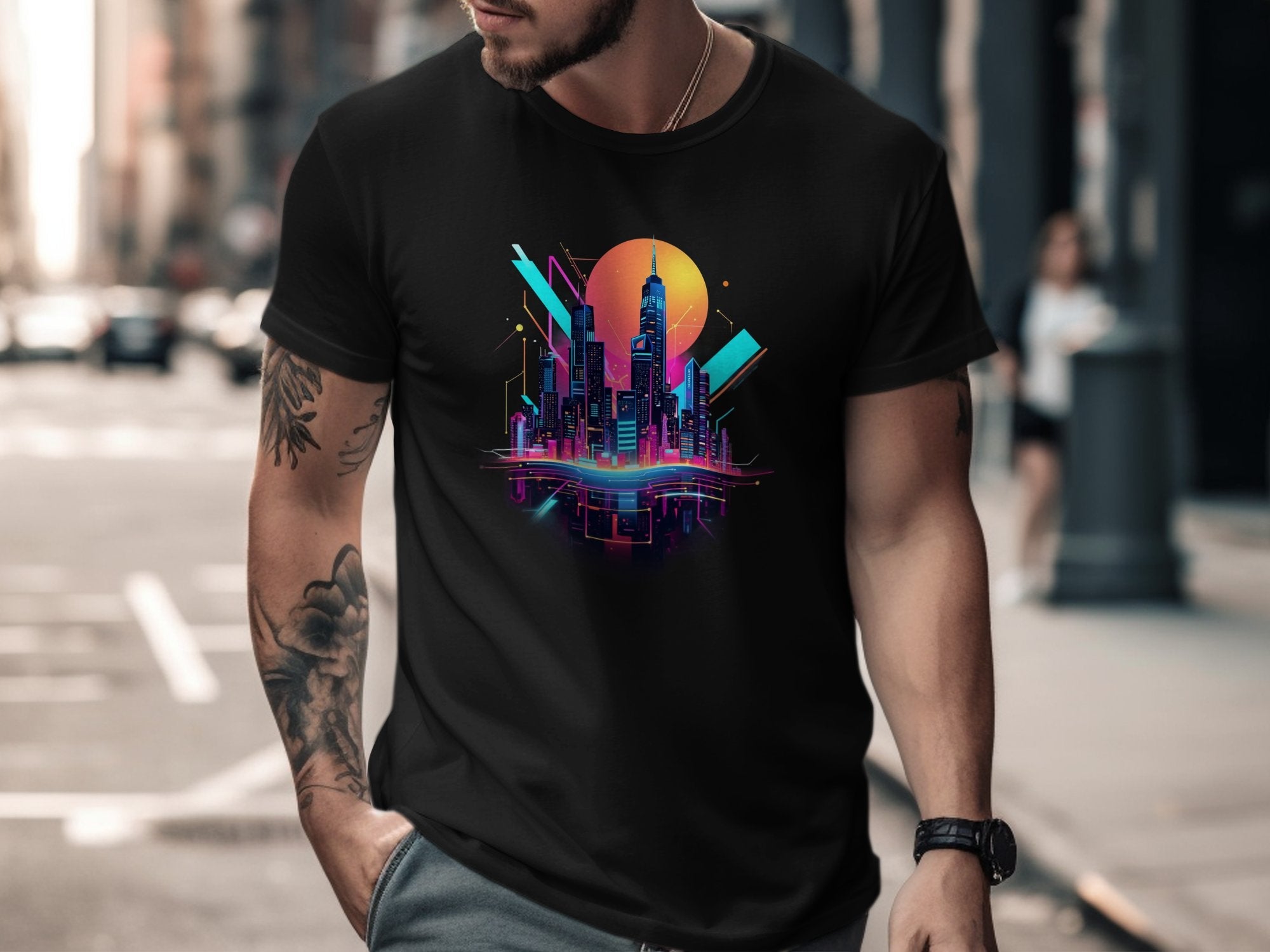 Retro Futuristic Cityscape T-Shirt Vaporwave Cyberpunk Neon Art Graphic Tee Unique Gift Digital Art Cool Design Shirt - Craig Michael Design