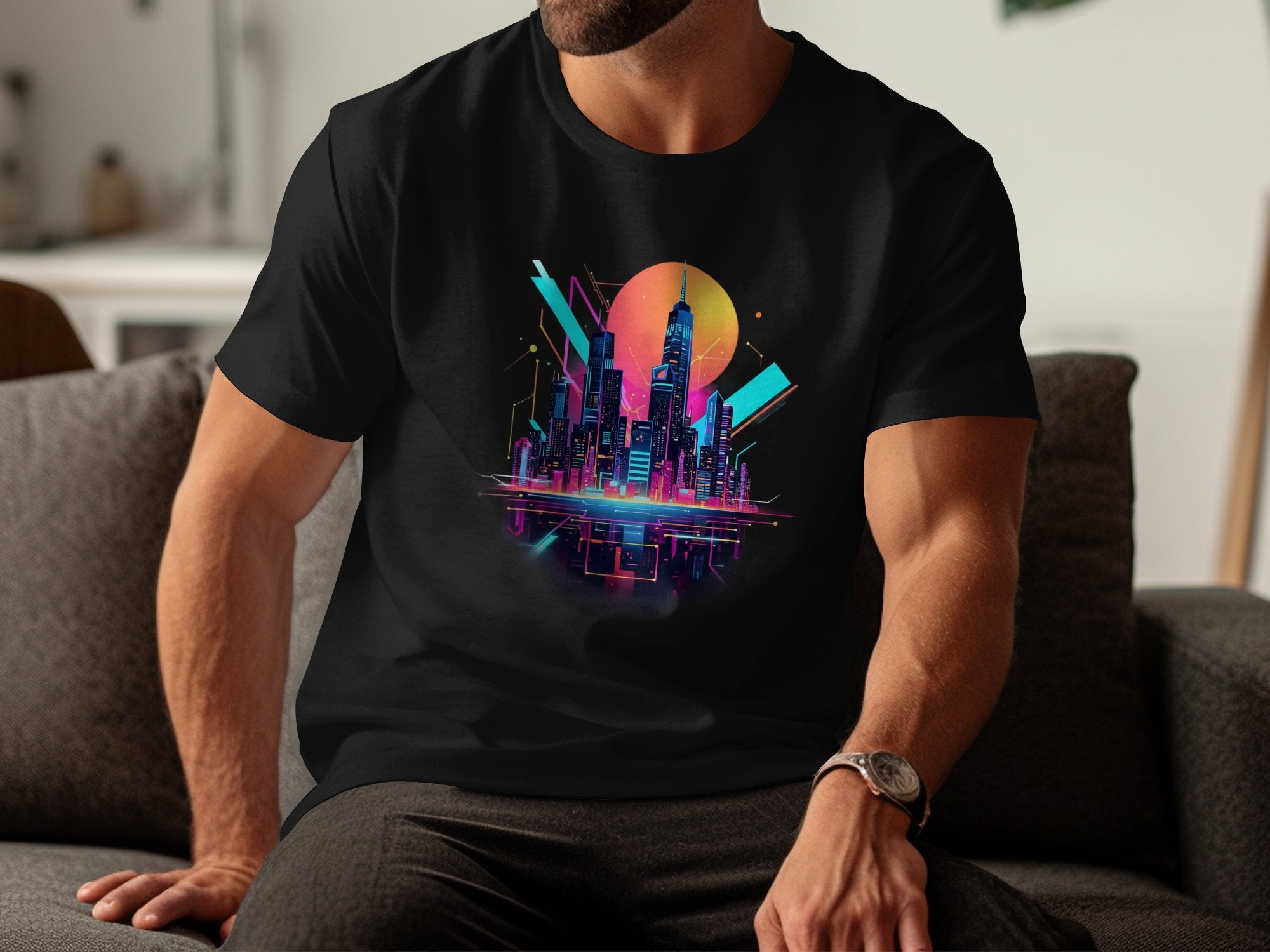 Retro Futuristic Cityscape T-Shirt Vaporwave Cyberpunk Neon Art Graphic Tee Unique Gift Digital Art Cool Design Shirt - Craig Michael Design