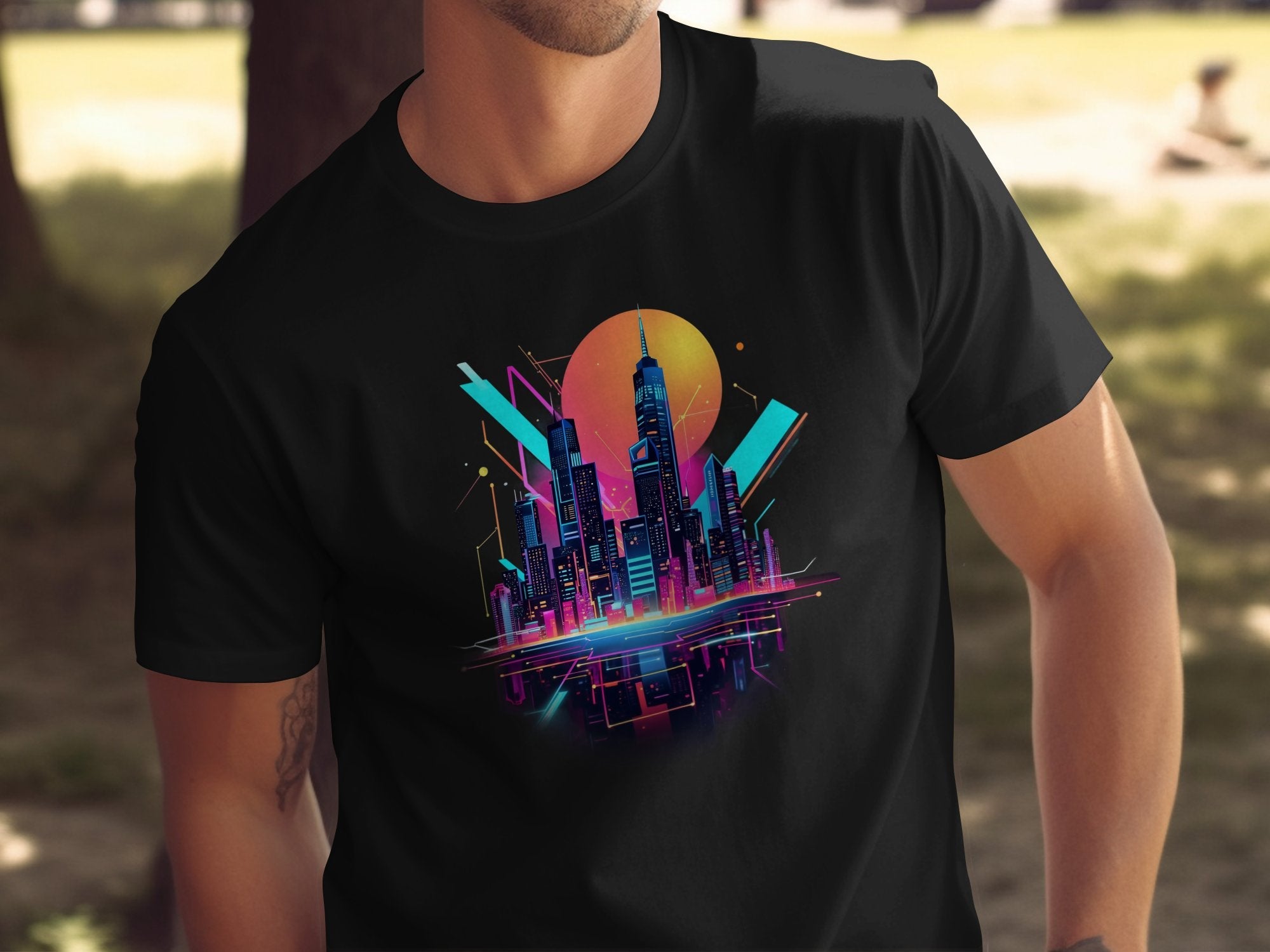 Retro Futuristic Cityscape T-Shirt Vaporwave Cyberpunk Neon Art Graphic Tee Unique Gift Digital Art Cool Design Shirt - Craig Michael Design