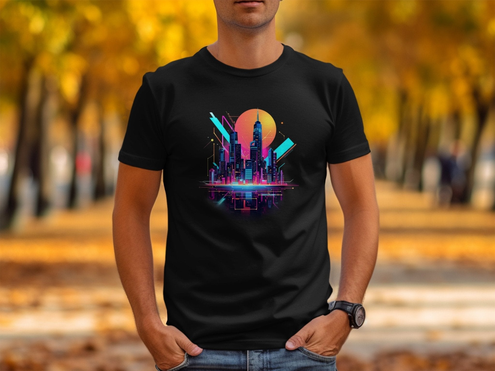 Retro Futuristic Cityscape T-Shirt Vaporwave Cyberpunk Neon Art Graphic Tee Unique Gift Digital Art Cool Design Shirt - Craig Michael Design