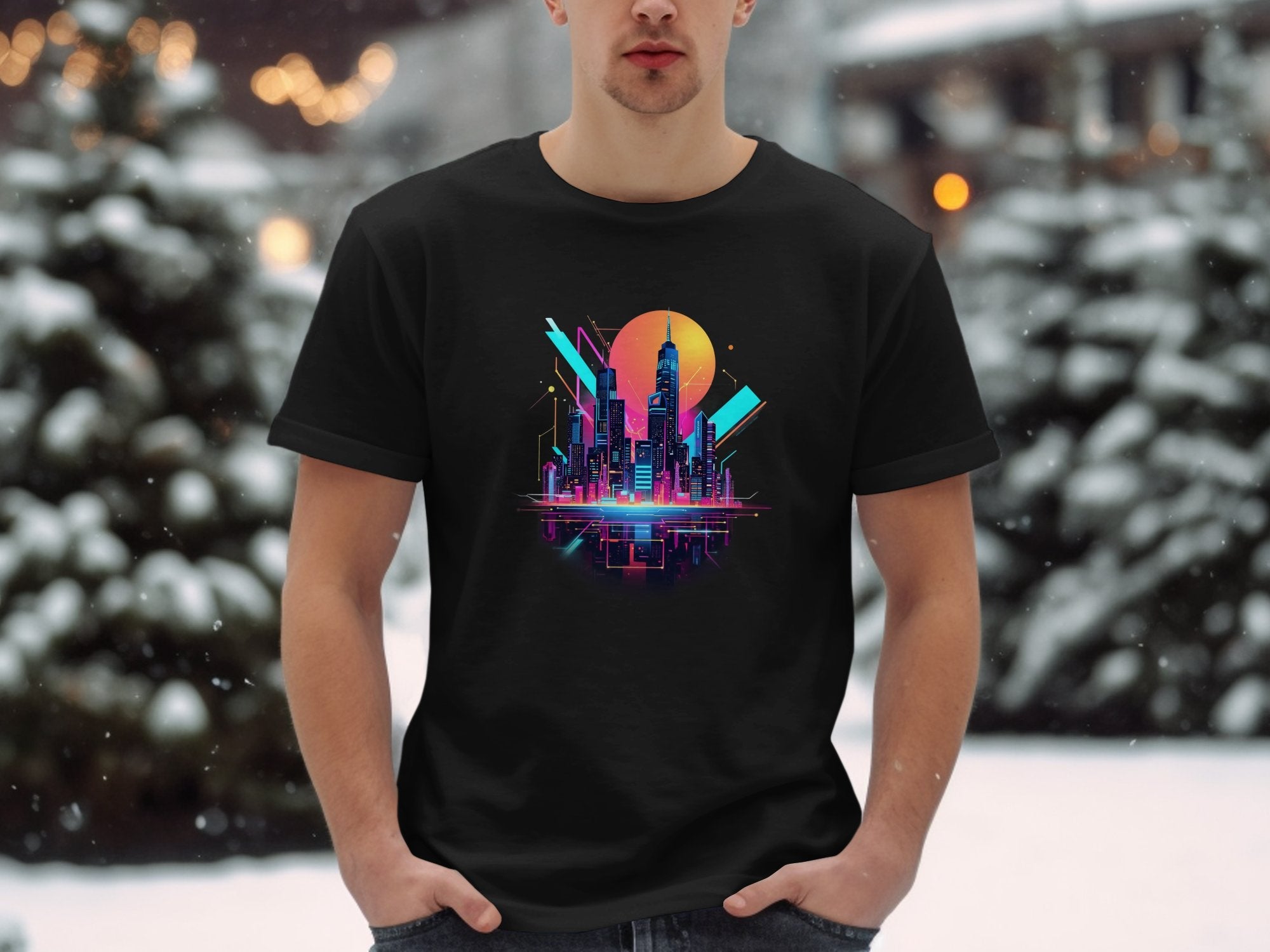 Retro Futuristic Cityscape T-Shirt Vaporwave Cyberpunk Neon Art Graphic Tee Unique Gift Digital Art Cool Design Shirt - Craig Michael Design