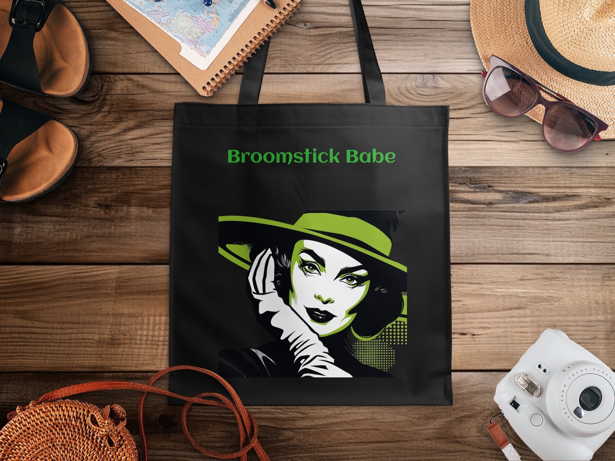 Retro Witch Illustration Tote Bag, Broomstick Babe Tote Bag, Halloween Tote Bag, Vintage Style Witch Art Tote Bag, Witchy Fashion Accessory - Craig Michael Design