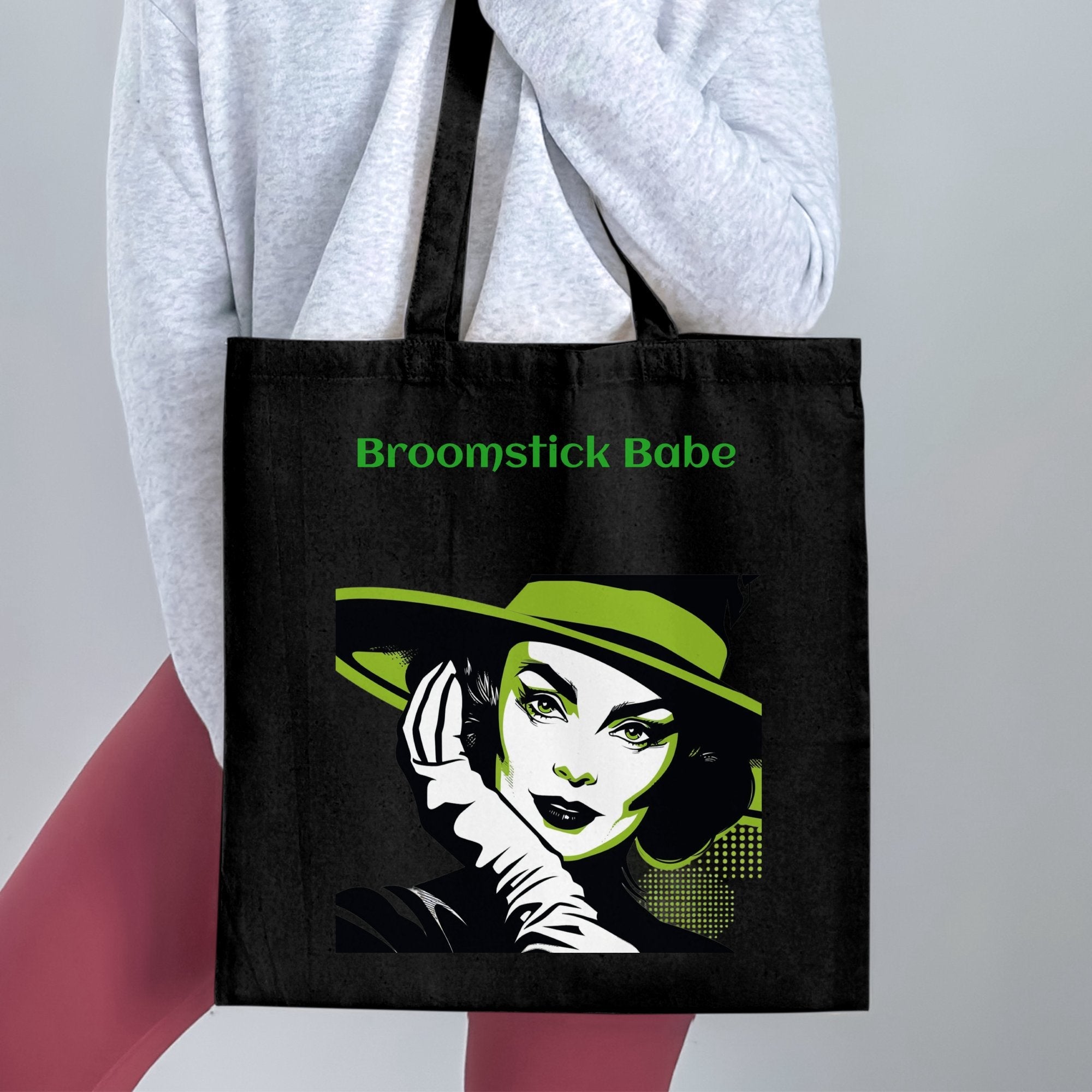Retro Witch Illustration Tote Bag, Broomstick Babe Tote Bag, Halloween Tote Bag, Vintage Style Witch Art Tote Bag, Witchy Fashion Accessory - Craig Michael Design