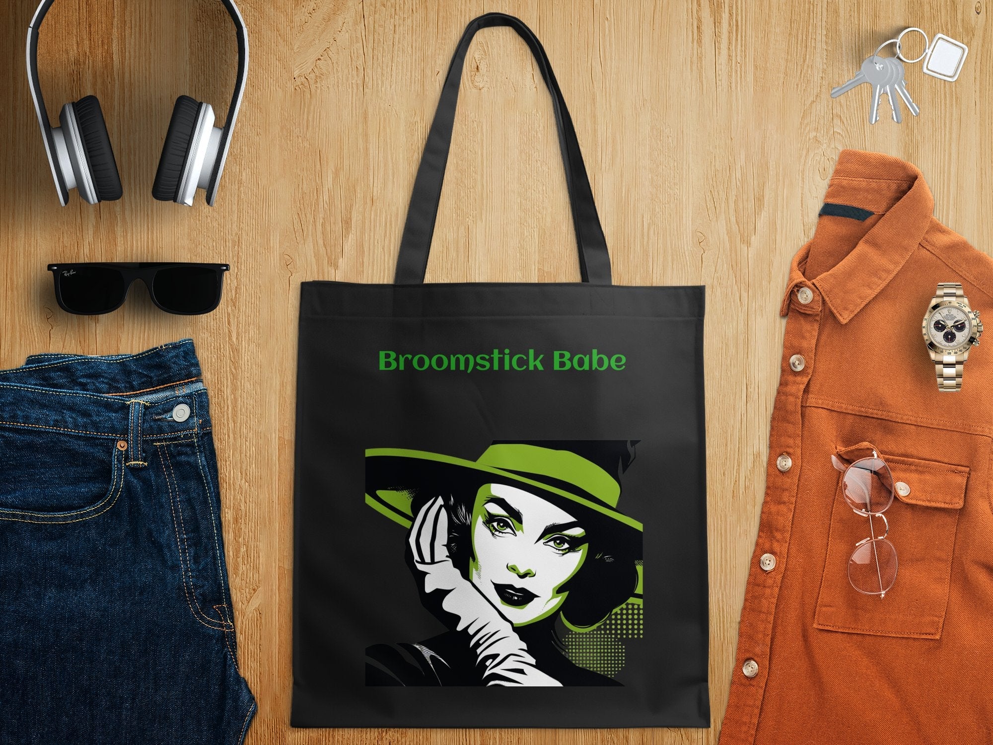 Retro Witch Illustration Tote Bag, Broomstick Babe Tote Bag, Halloween Tote Bag, Vintage Style Witch Art Tote Bag, Witchy Fashion Accessory - Craig Michael Design