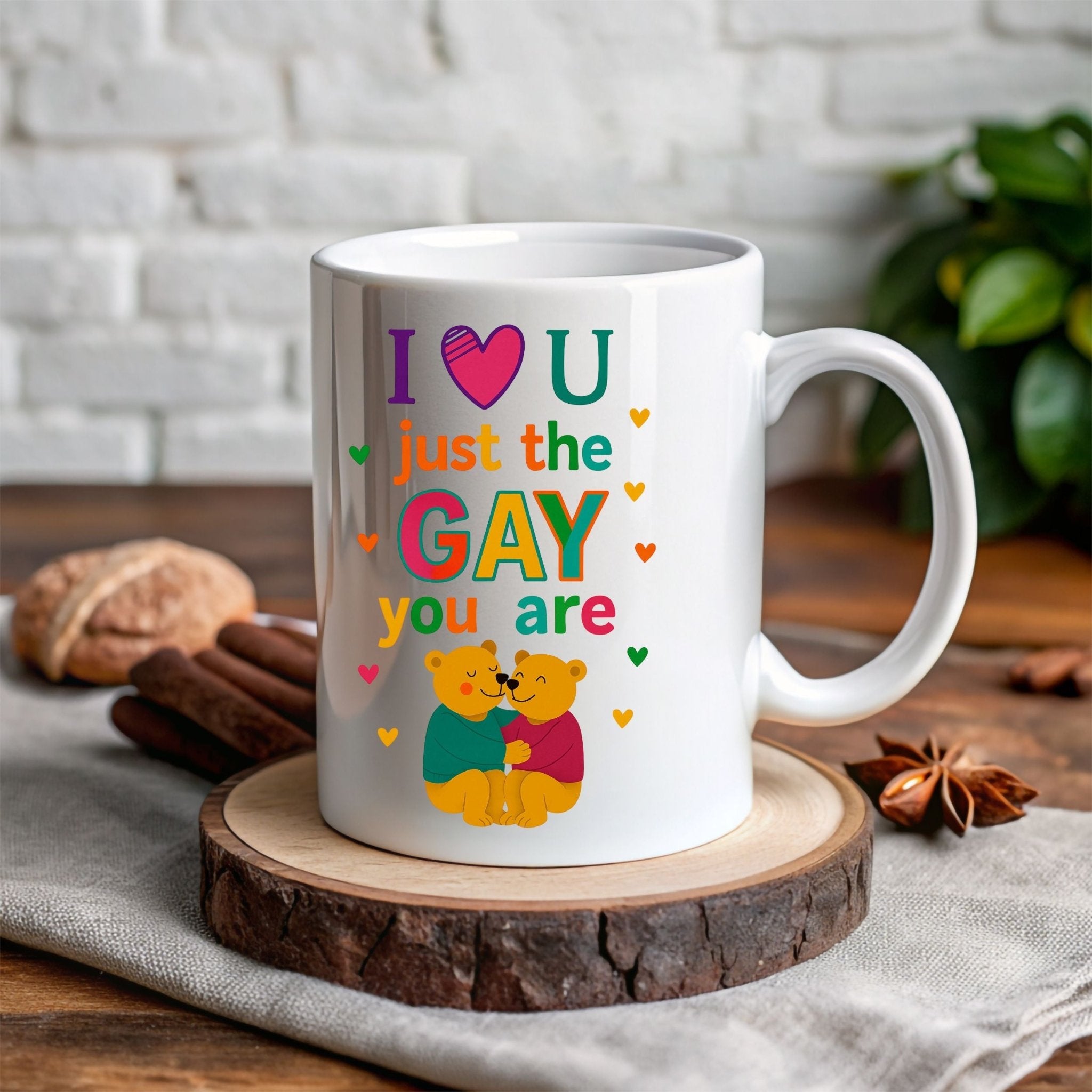 Romantic Gay Pride Mug, LGBTQ Gift for Him, Cute Affirmation Bear Cup - Craig Michael Design