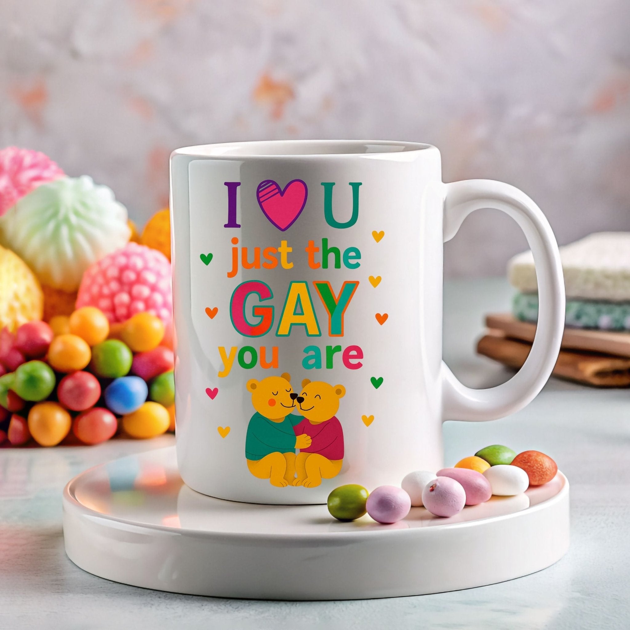 Romantic Gay Pride Mug, LGBTQ Gift for Him, Cute Affirmation Bear Cup - Craig Michael Design