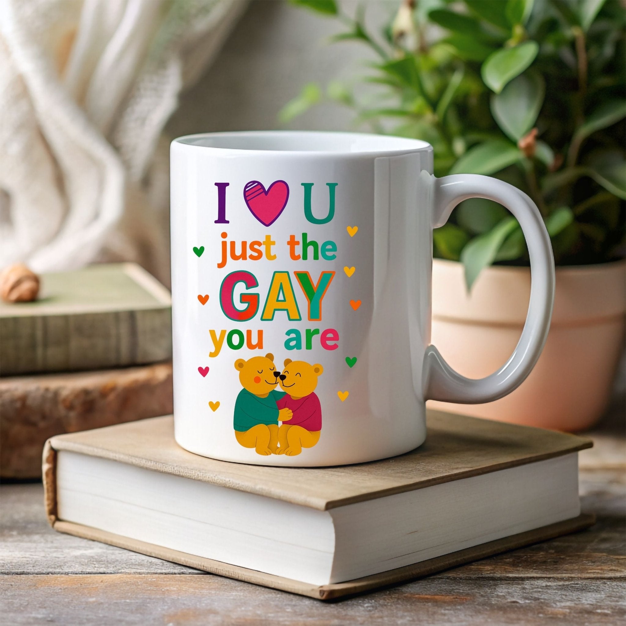 Romantic Gay Pride Mug, LGBTQ Gift for Him, Cute Affirmation Bear Cup - Craig Michael Design