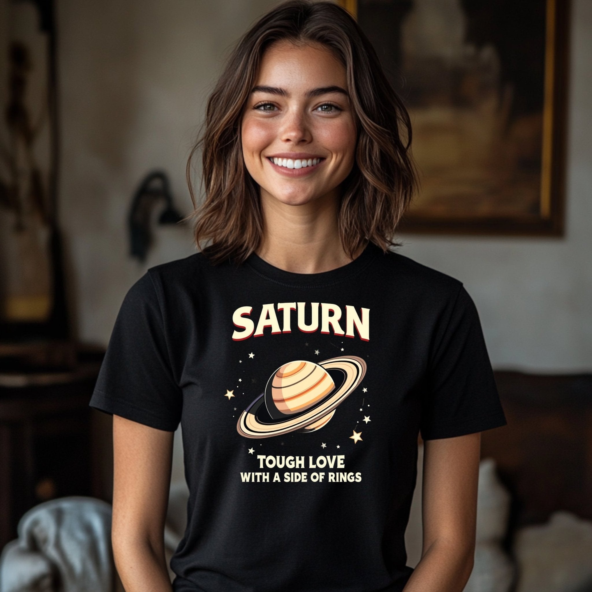 Saturn Tough Love With a Side of Rings Astrology T Shirt, Unique Graphic Tee, Cosmic Planet Design, Perfect Gift for Astrology Lovers - Craig Michael Design