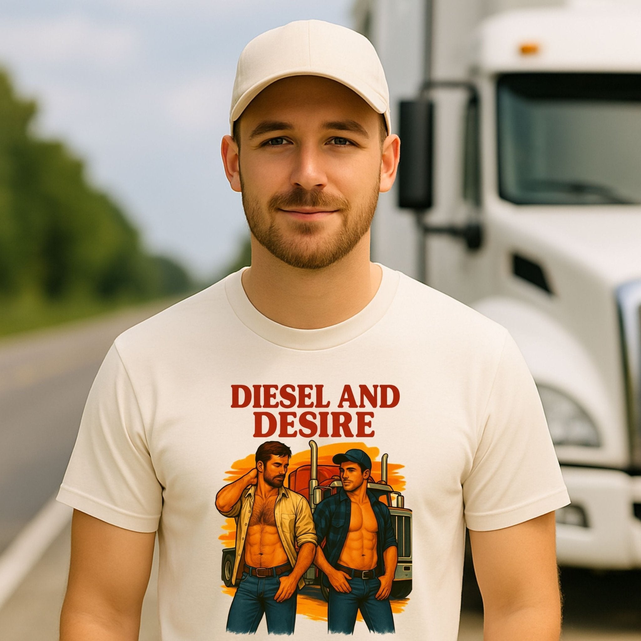 Sexy Gay Trucker Tee, Cinematic Roadside Daddy Shirt for Him, Diesel and Desire Gay T-Shirt - Craig Michael Design