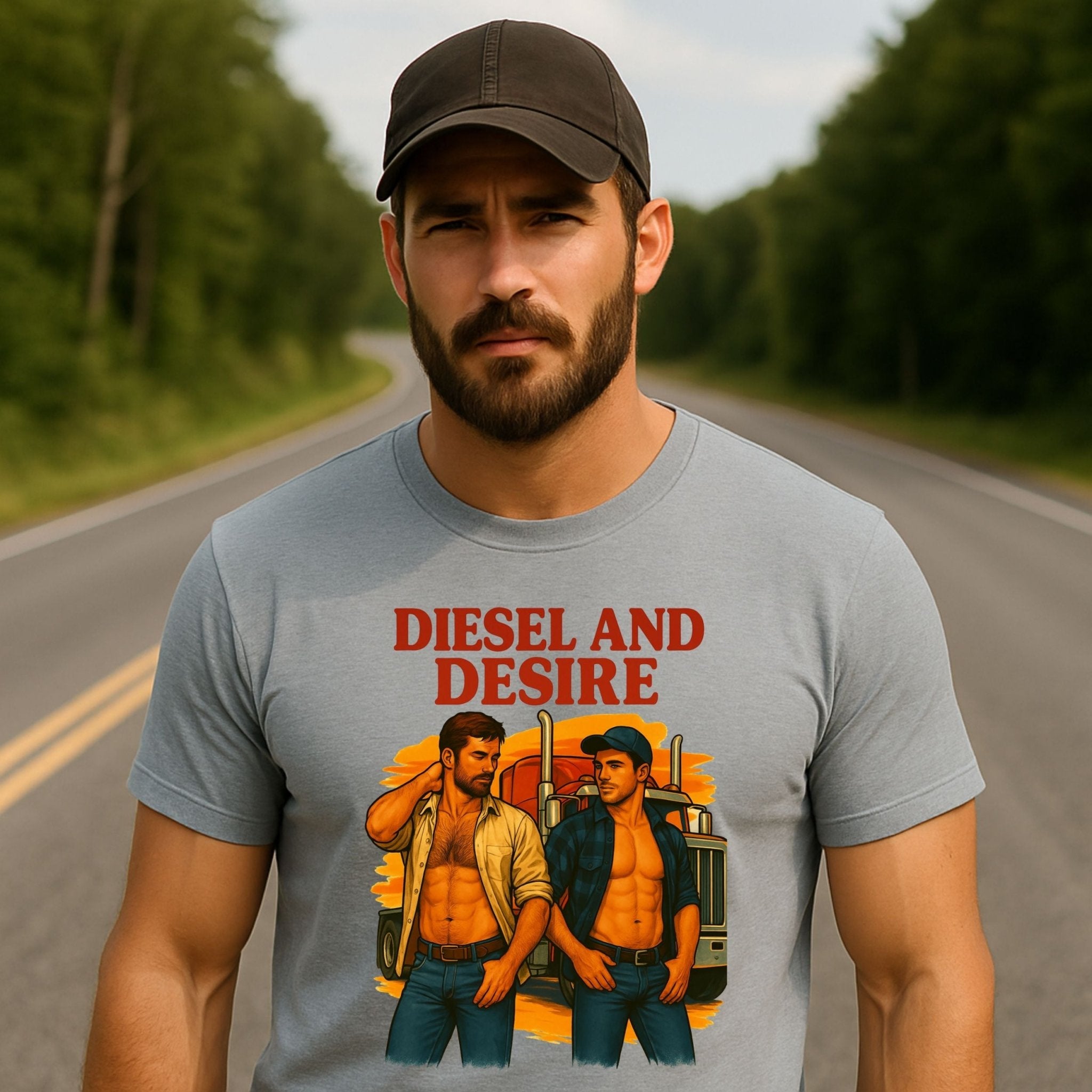 Sexy Gay Trucker Tee, Cinematic Roadside Daddy Shirt for Him, Diesel and Desire Gay T-Shirt - Craig Michael Design