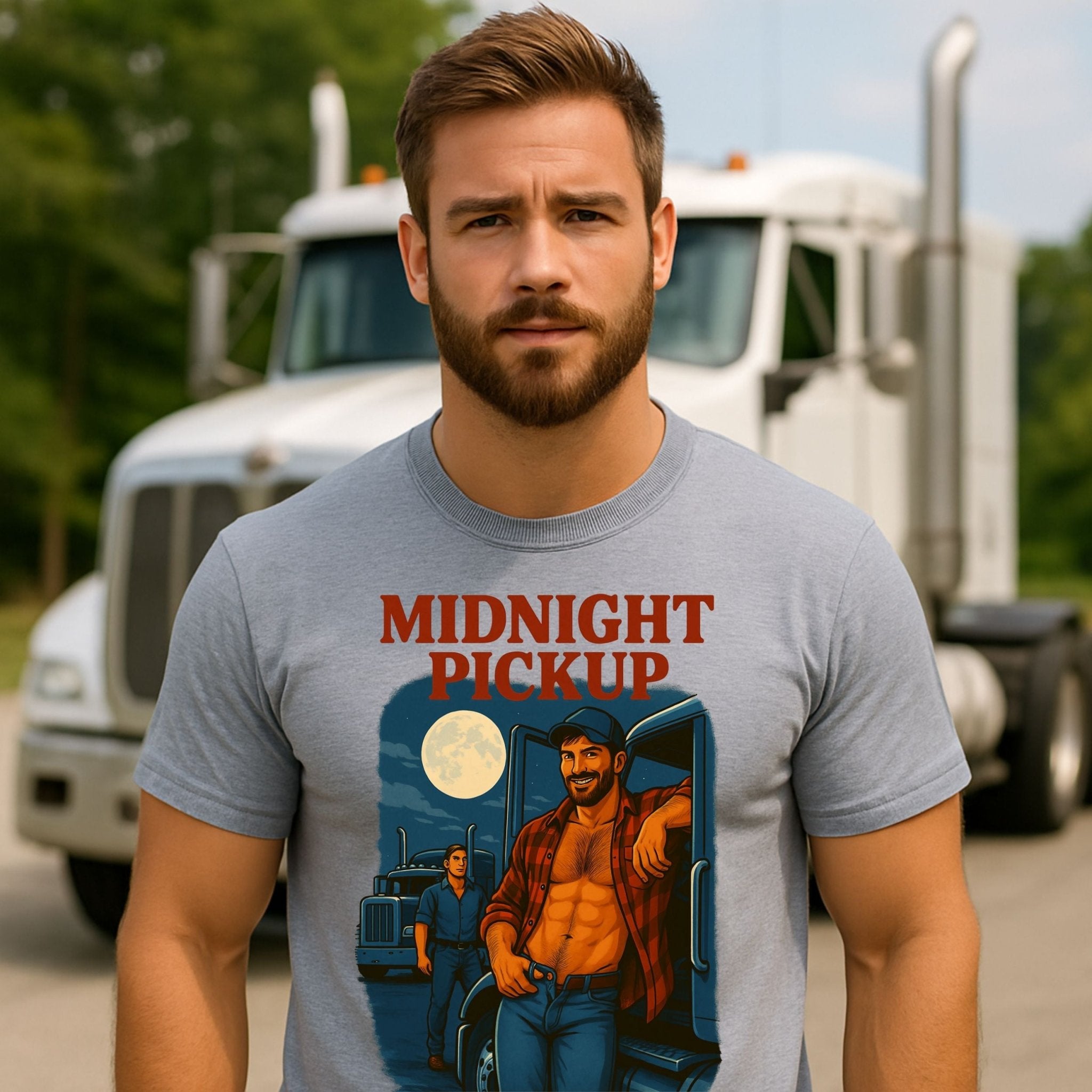 Sexy Trucker T-Shirt — Rugged Gay Daddy Top, Flirty Night Scene Tee, Midnight Pickup - Craig Michael Design