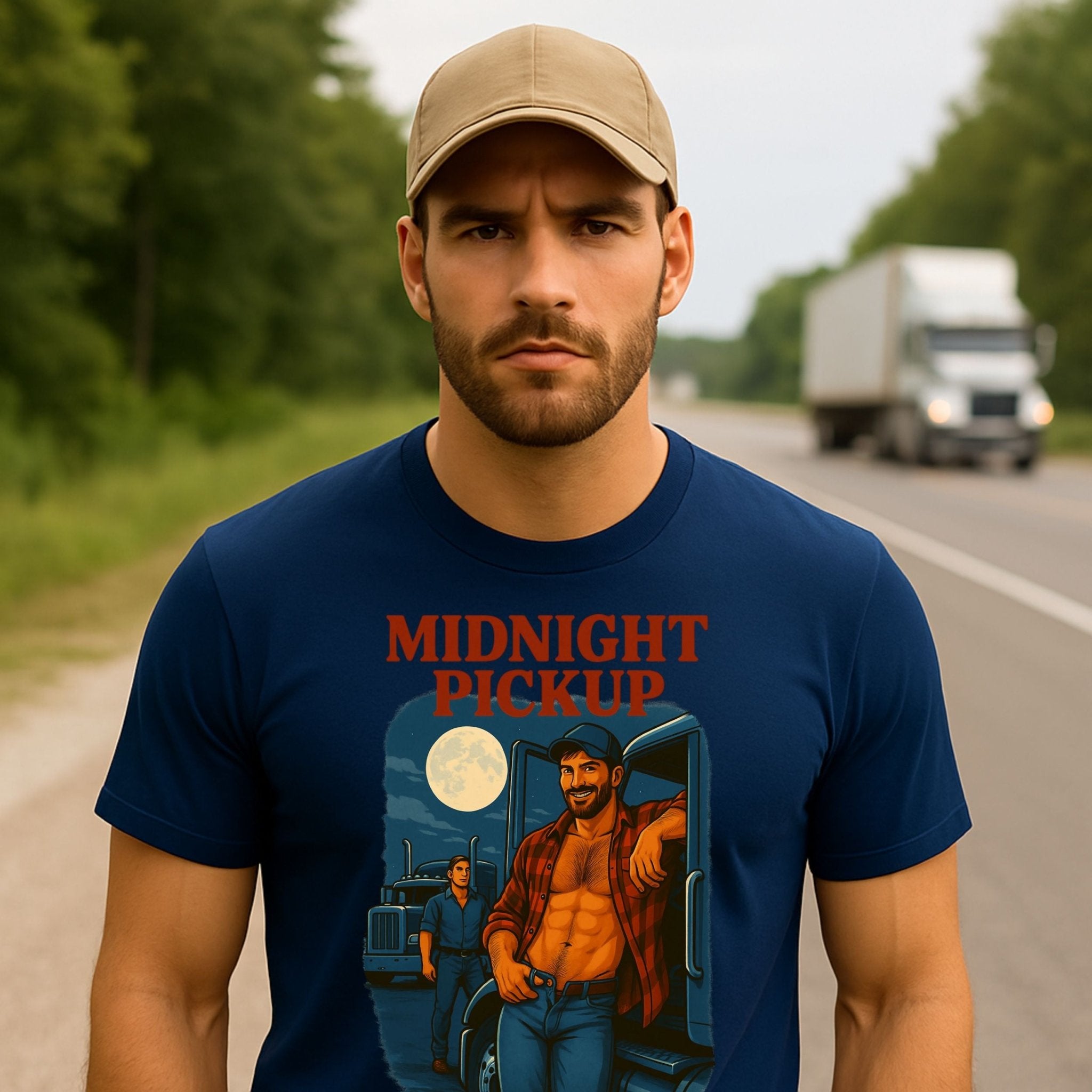 Sexy Trucker T-Shirt — Rugged Gay Daddy Top, Flirty Night Scene Tee, Midnight Pickup - Craig Michael Design