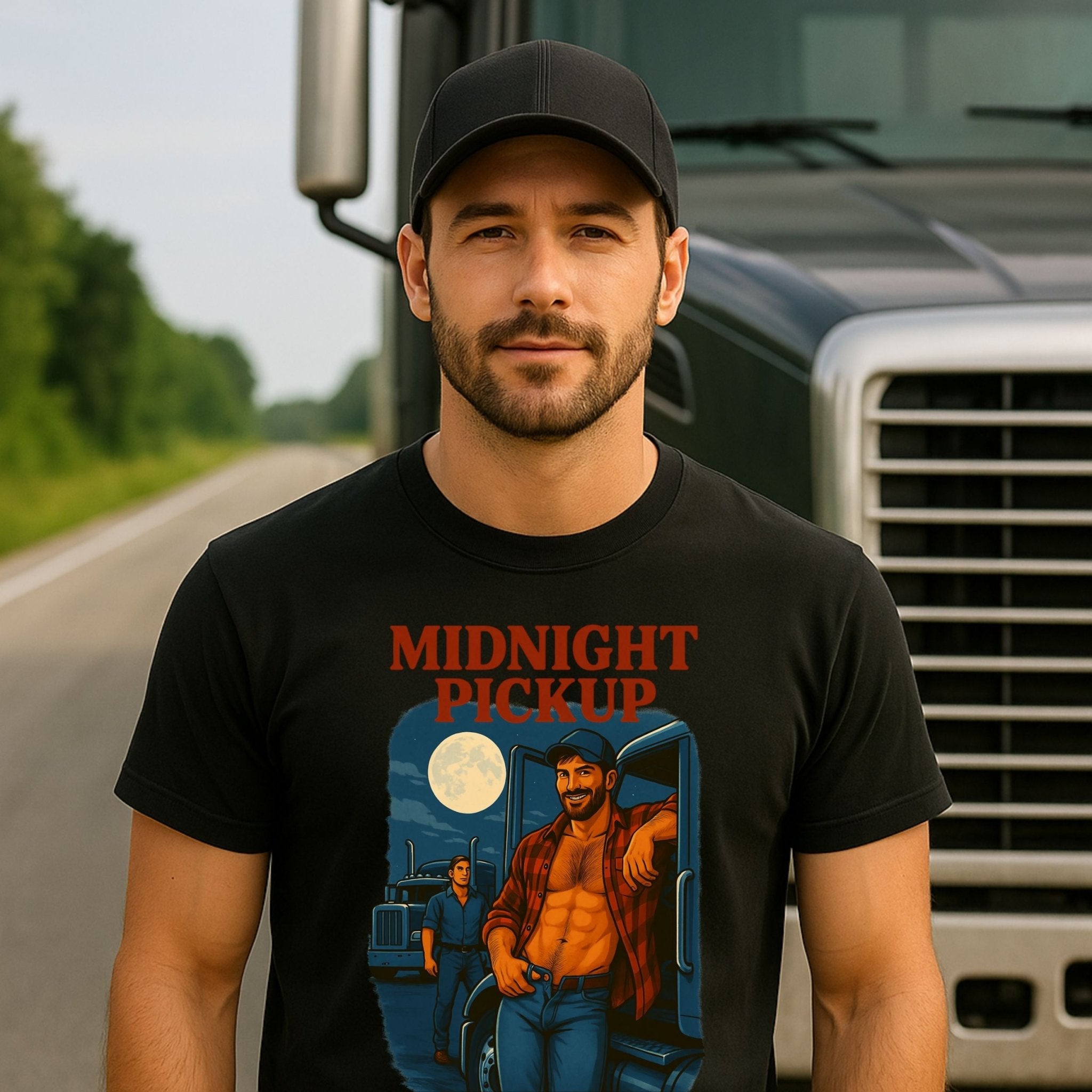 Sexy Trucker T-Shirt — Rugged Gay Daddy Top, Flirty Night Scene Tee, Midnight Pickup - Craig Michael Design