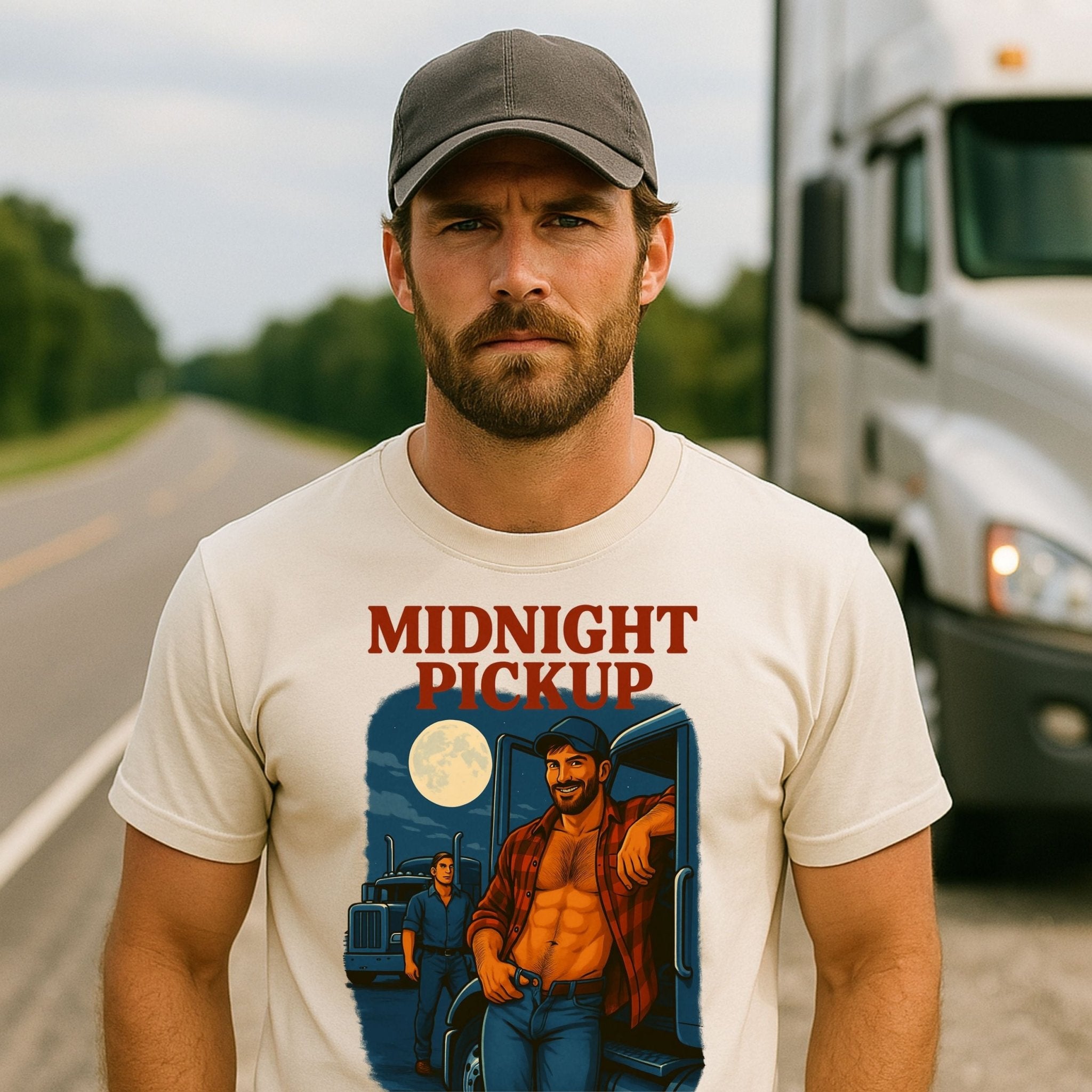Sexy Trucker T-Shirt — Rugged Gay Daddy Top, Flirty Night Scene Tee, Midnight Pickup - Craig Michael Design
