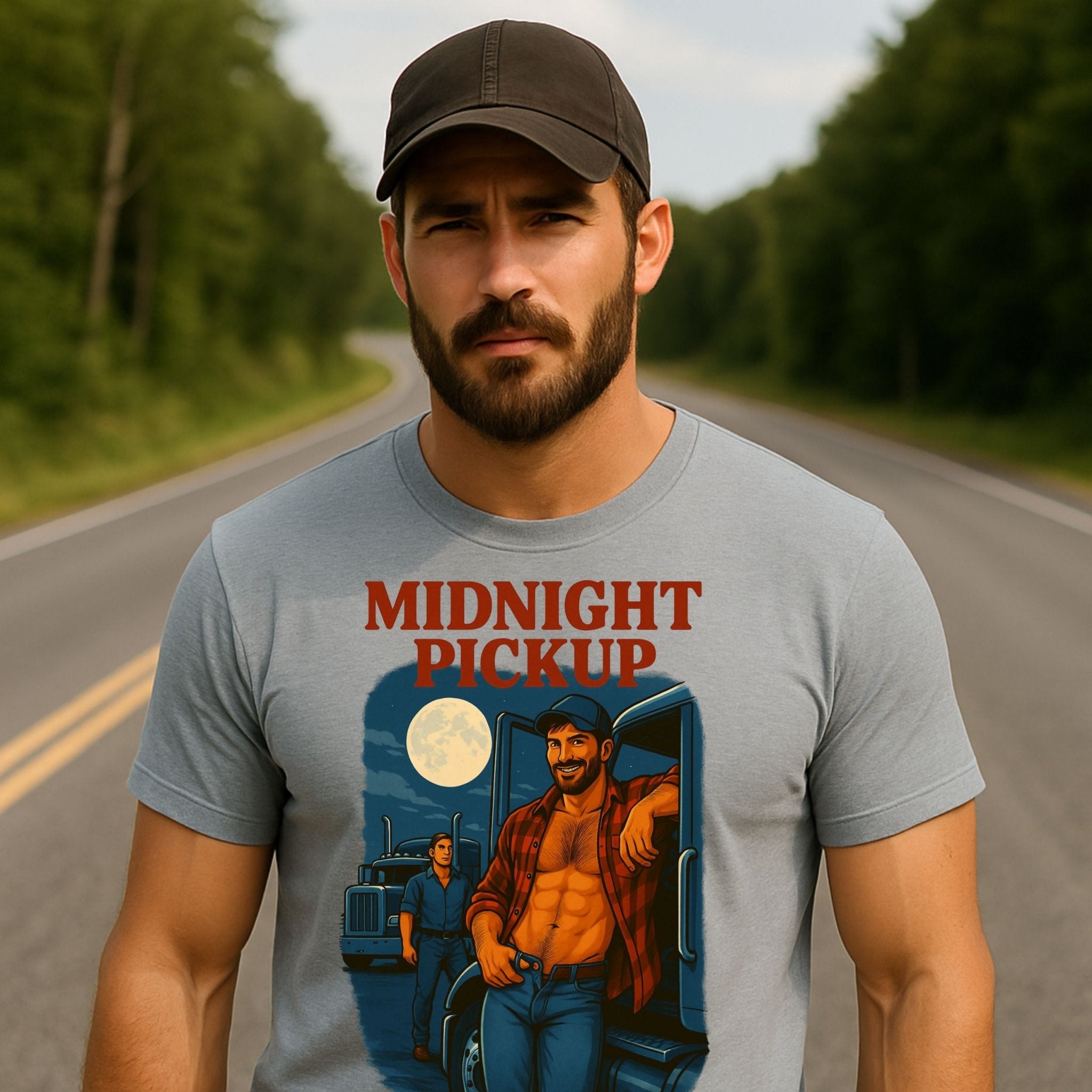 Sexy Trucker T-Shirt — Rugged Gay Daddy Top, Flirty Night Scene Tee, Midnight Pickup - Craig Michael Design