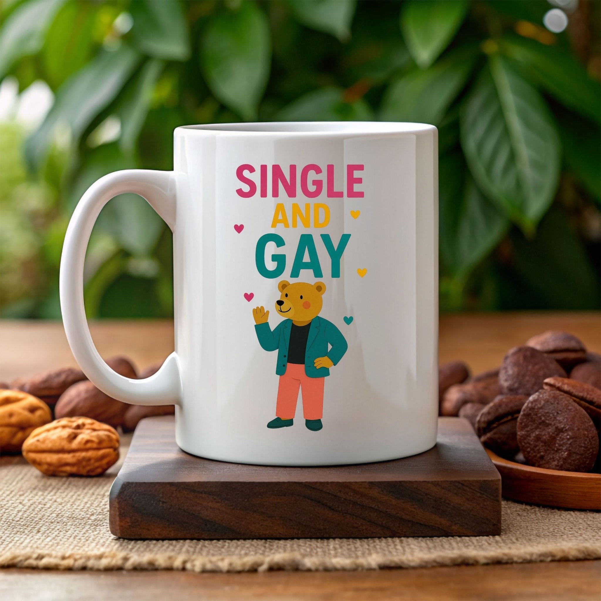 Single and Gay Mug, Funny Embroidered Style LGBTQ Bear Gift, Sassy Pride Coffee Cup, Queer Independence Mug for Him, Gay Solo Celebration - Craig Michael Design